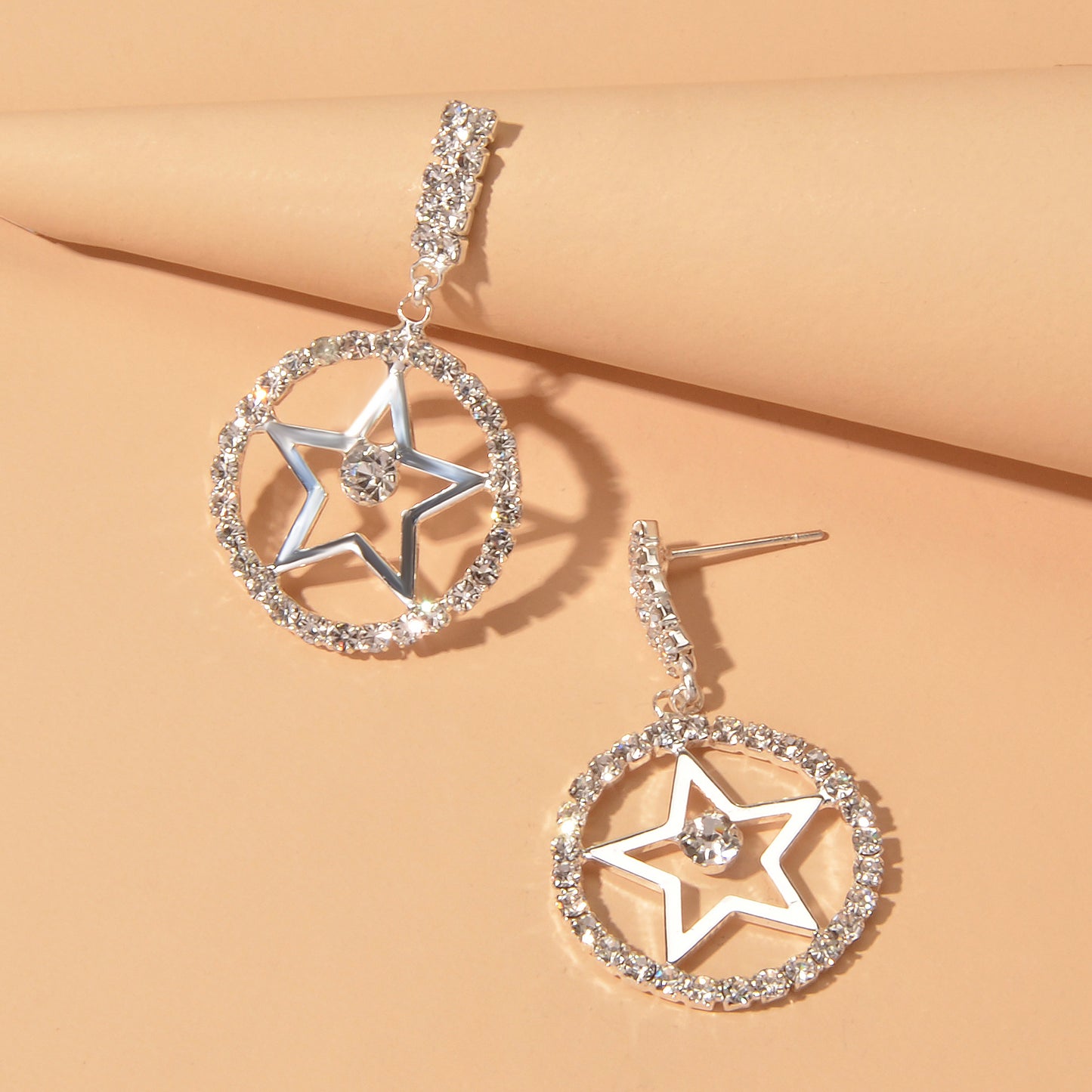 Luxurious Full Rhinestone Star Circle Dangle Hypoallergenic Pierced Earrings