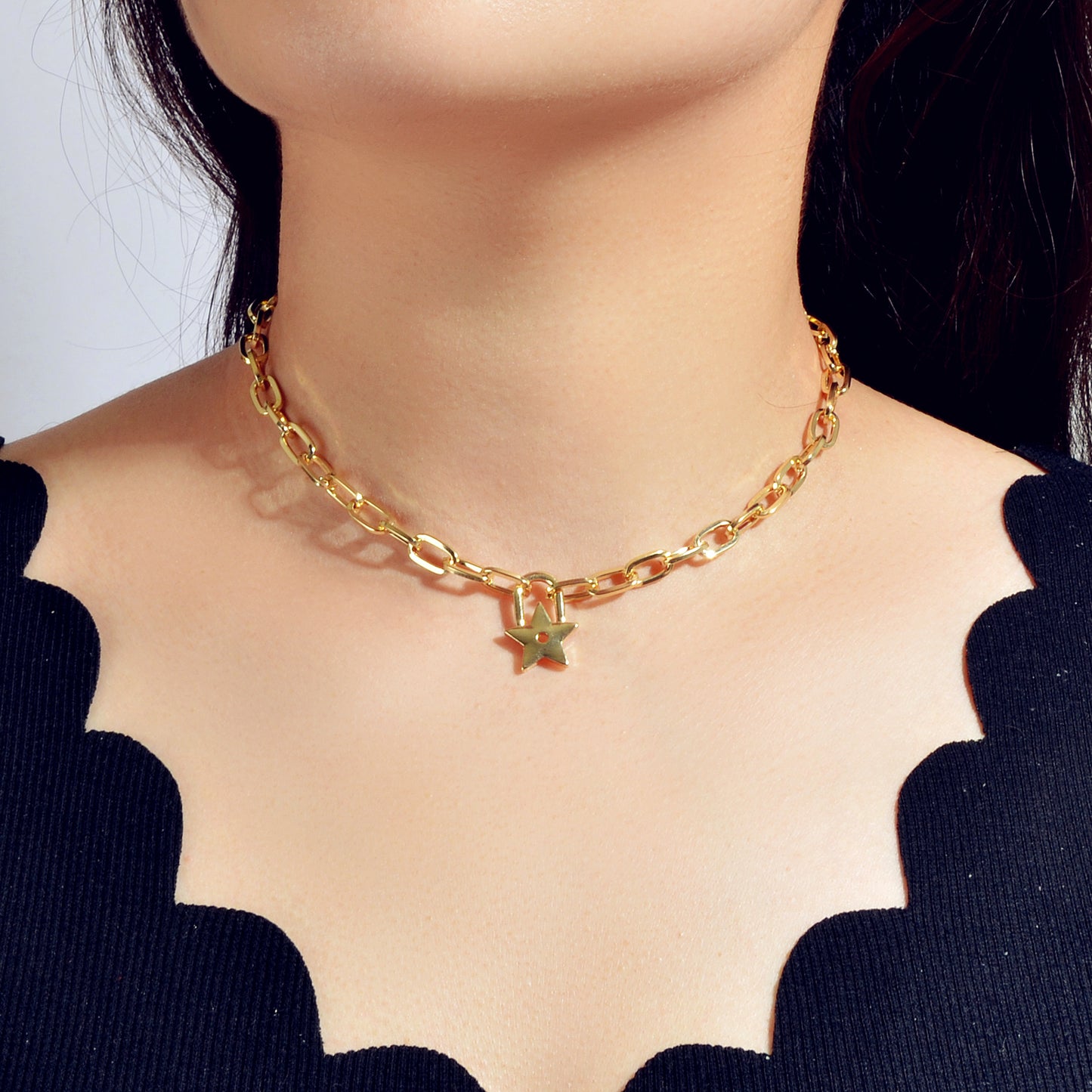 Trendy Jewellery Gold Paperclip Chain Star Lock Pendant Collar Choker Necklace