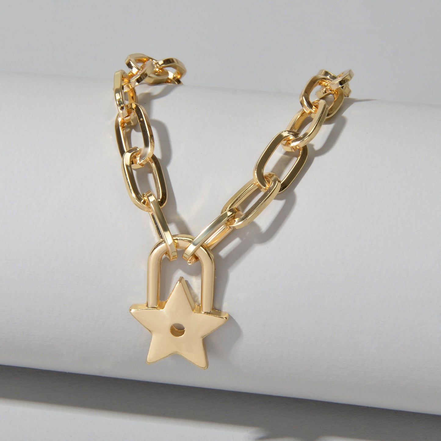 Trendy Jewellery Gold Paperclip Chain Star Lock Pendant Collar Choker Necklace