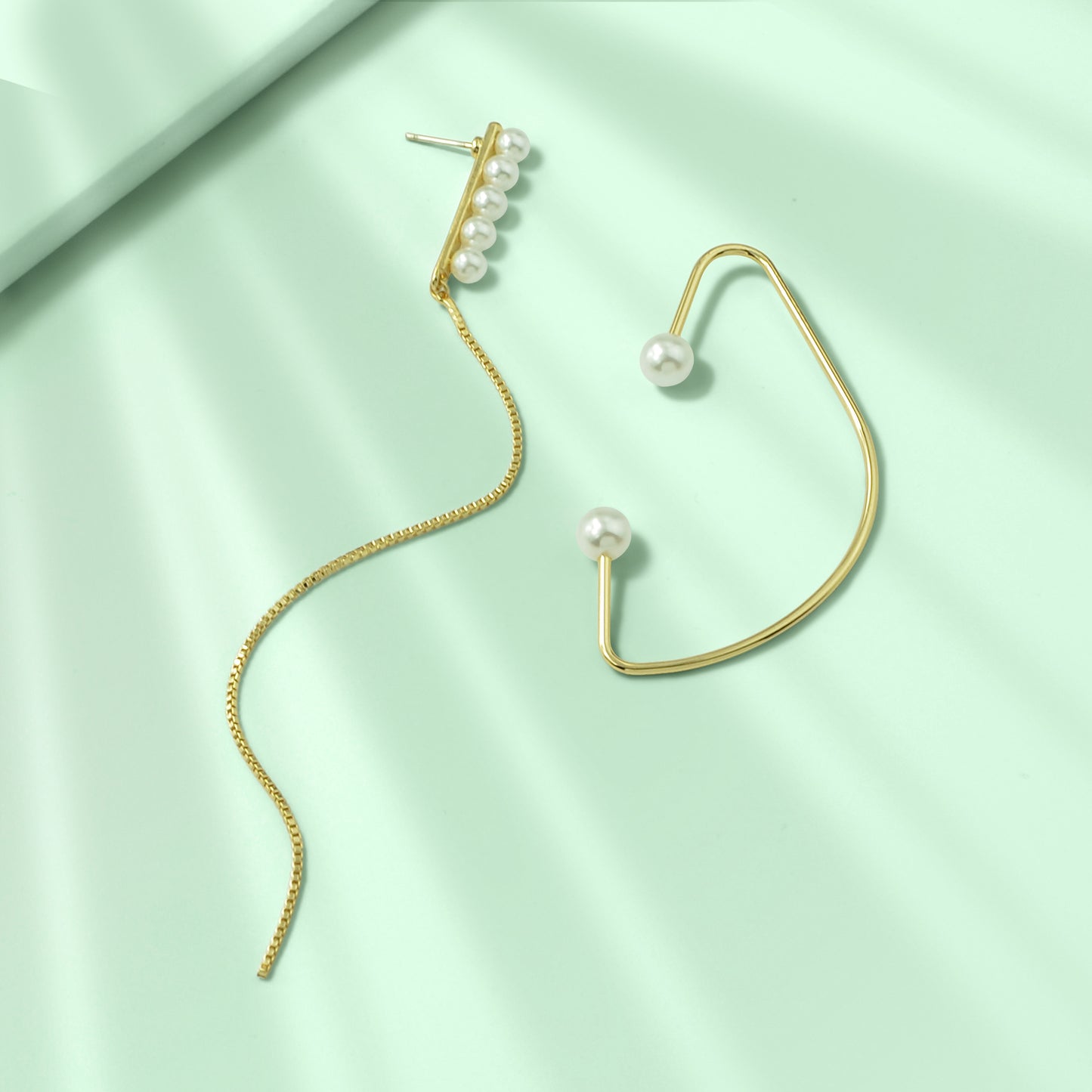 Designer Stylish Pearl Decor Long Gold Chain Charm Asymmetric Earrings Ear Cuff