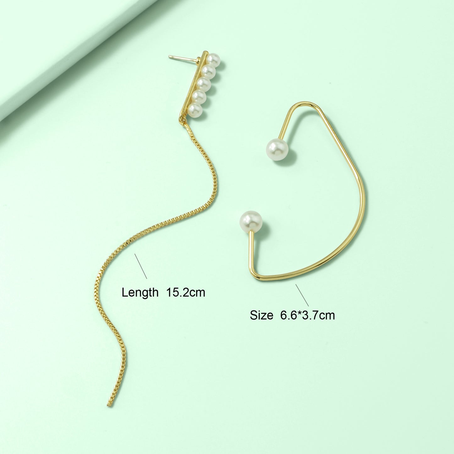 Designer Stylish Pearl Decor Long Gold Chain Charm Asymmetric Earrings Ear Cuff