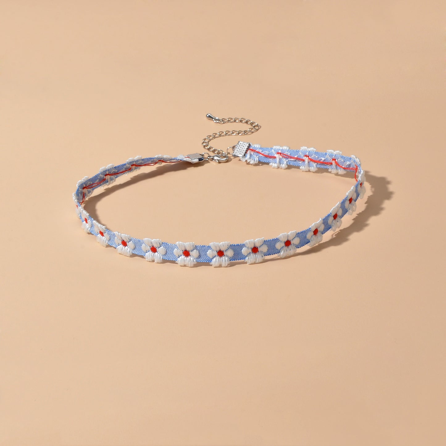 Retro Style 90s Blue Ribbon White Flower Tattoo Choker Necklace Short Collar