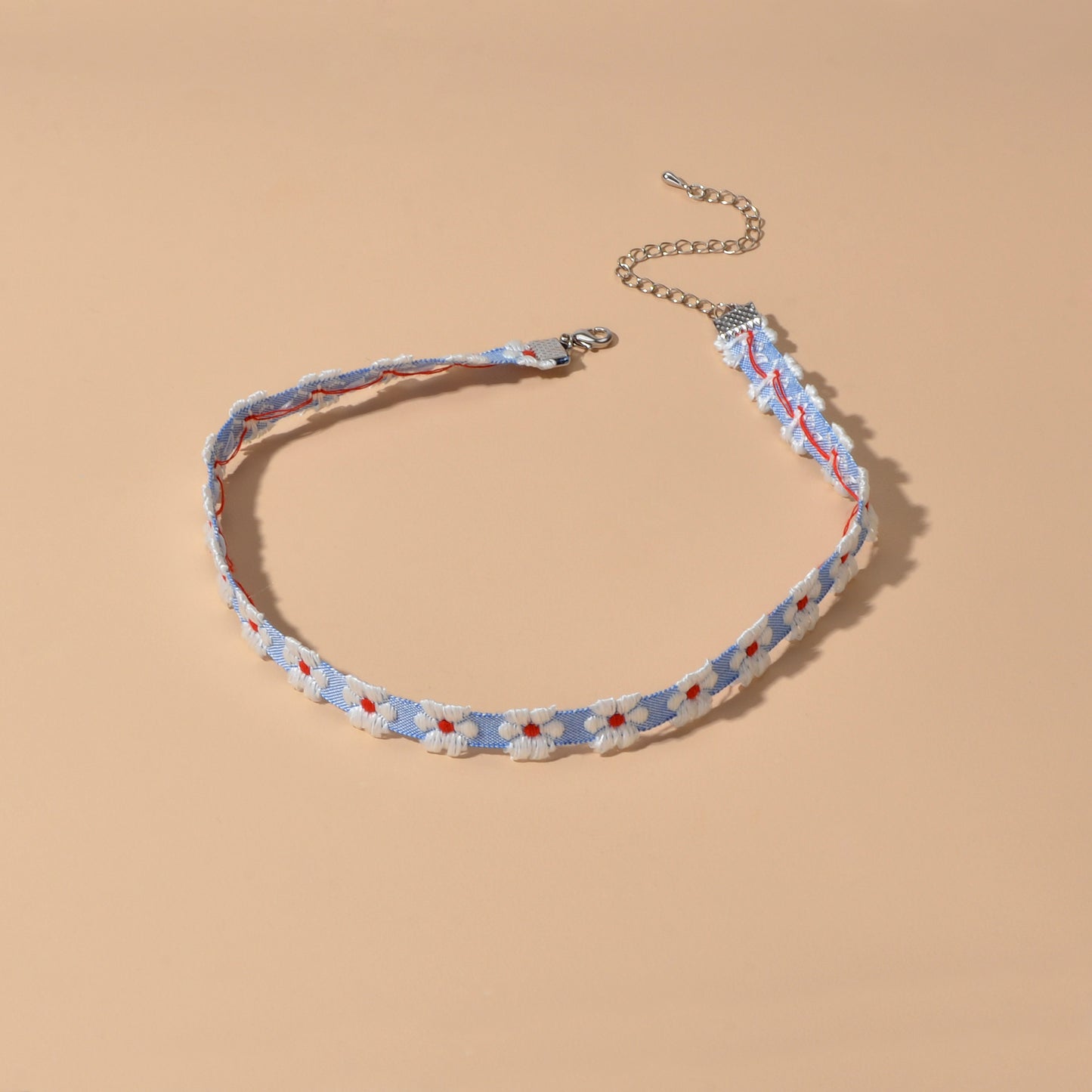 Retro Style 90s Blue Ribbon White Flower Tattoo Choker Necklace Short Collar
