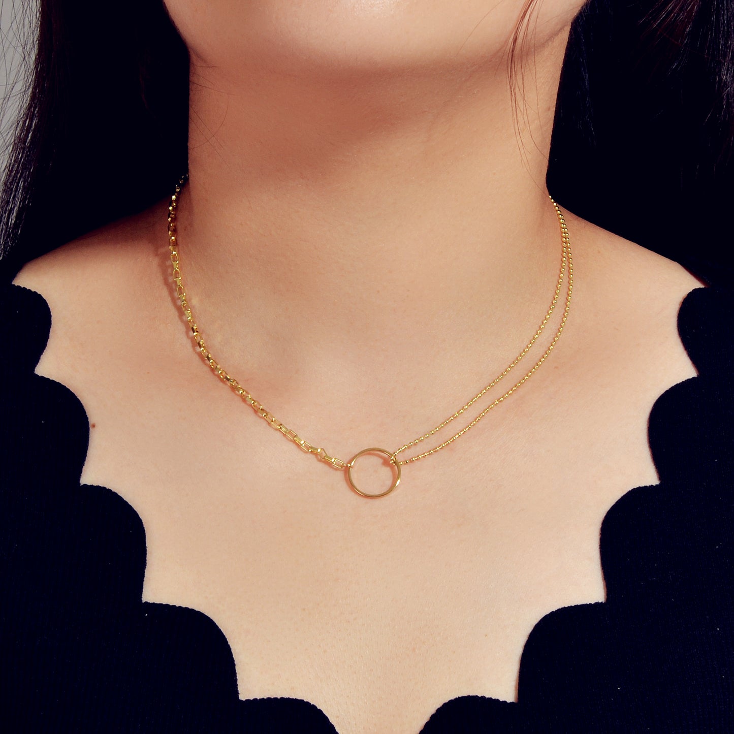 Minimalist Women Accessories Multiple Gold Popcorn Chain Circle Pendant Necklace