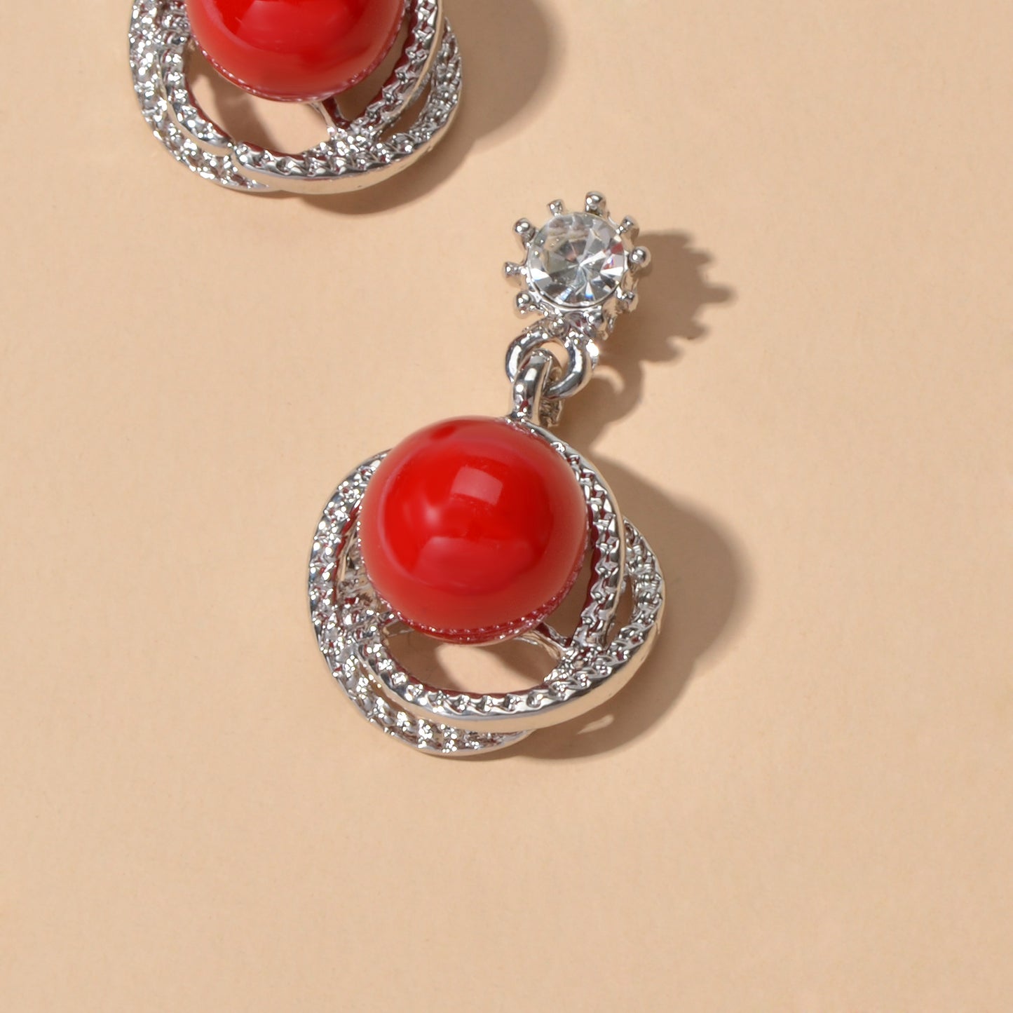 Red White Beads Rhinestone Decor Round Drop Party stud Earrings Women Retro Jewellery