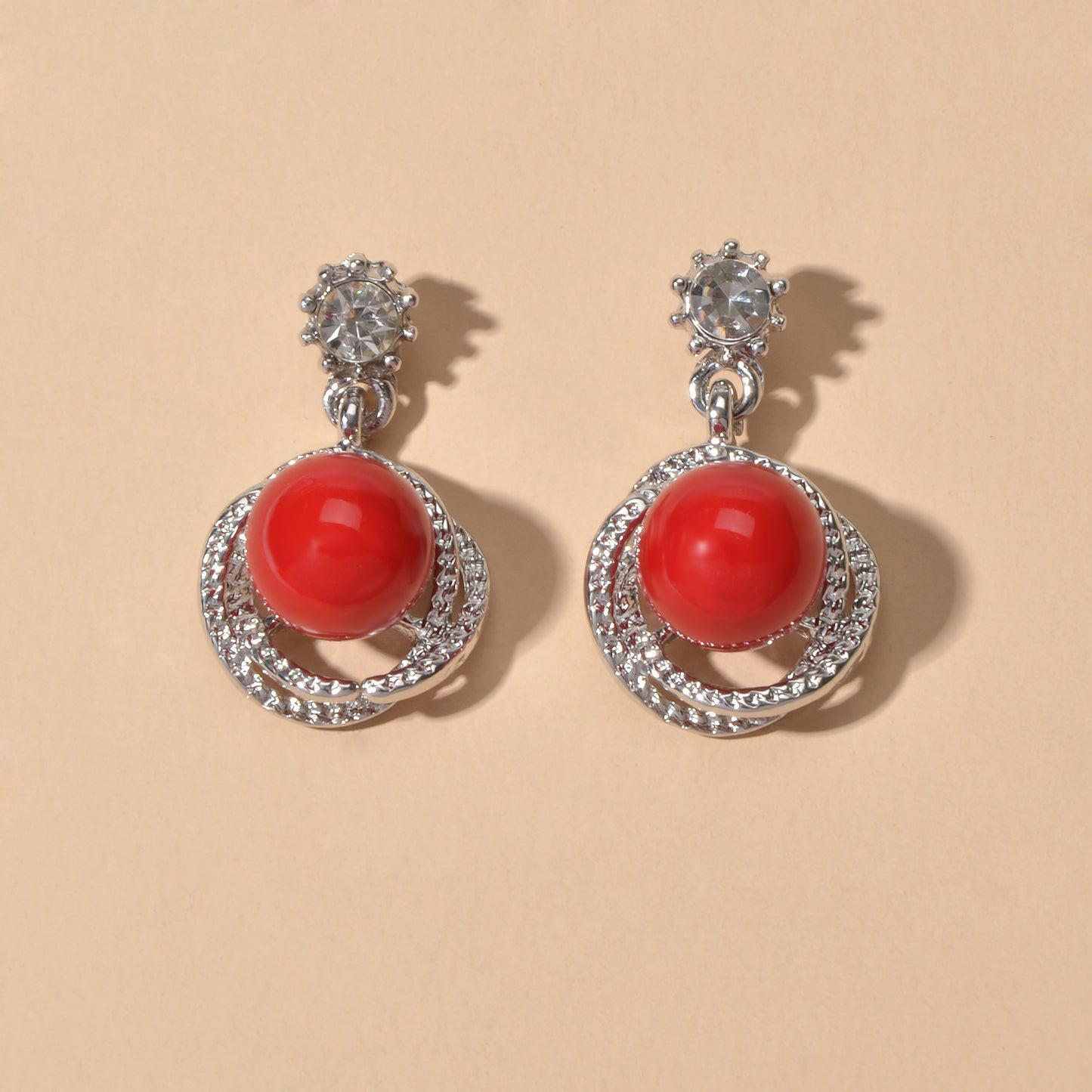 Red White Beads Rhinestone Decor Round Drop Party stud Earrings Women Retro Jewellery