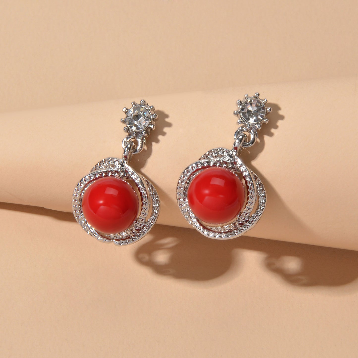 Red White Beads Rhinestone Decor Round Drop Party stud Earrings Women Retro Jewellery