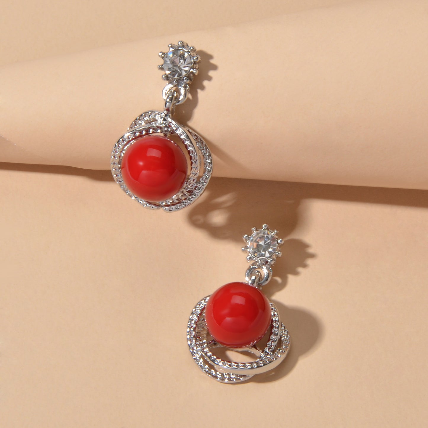 Red White Beads Rhinestone Decor Round Drop Party stud Earrings Women Retro Jewellery