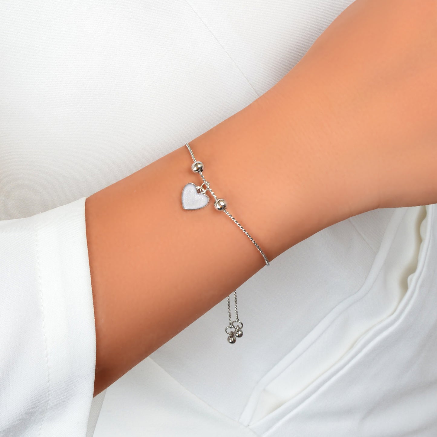 White Enamel Love Heart Charm Bracelet Adjustable Modern Trendy New Jewellery