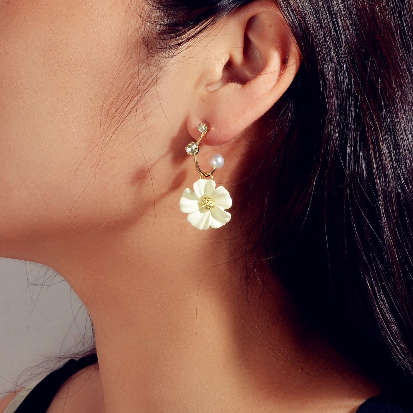 Ladies Jewellery Rhinestone Pearl Yellow Green Flower Asymmetric Dangle Earrings