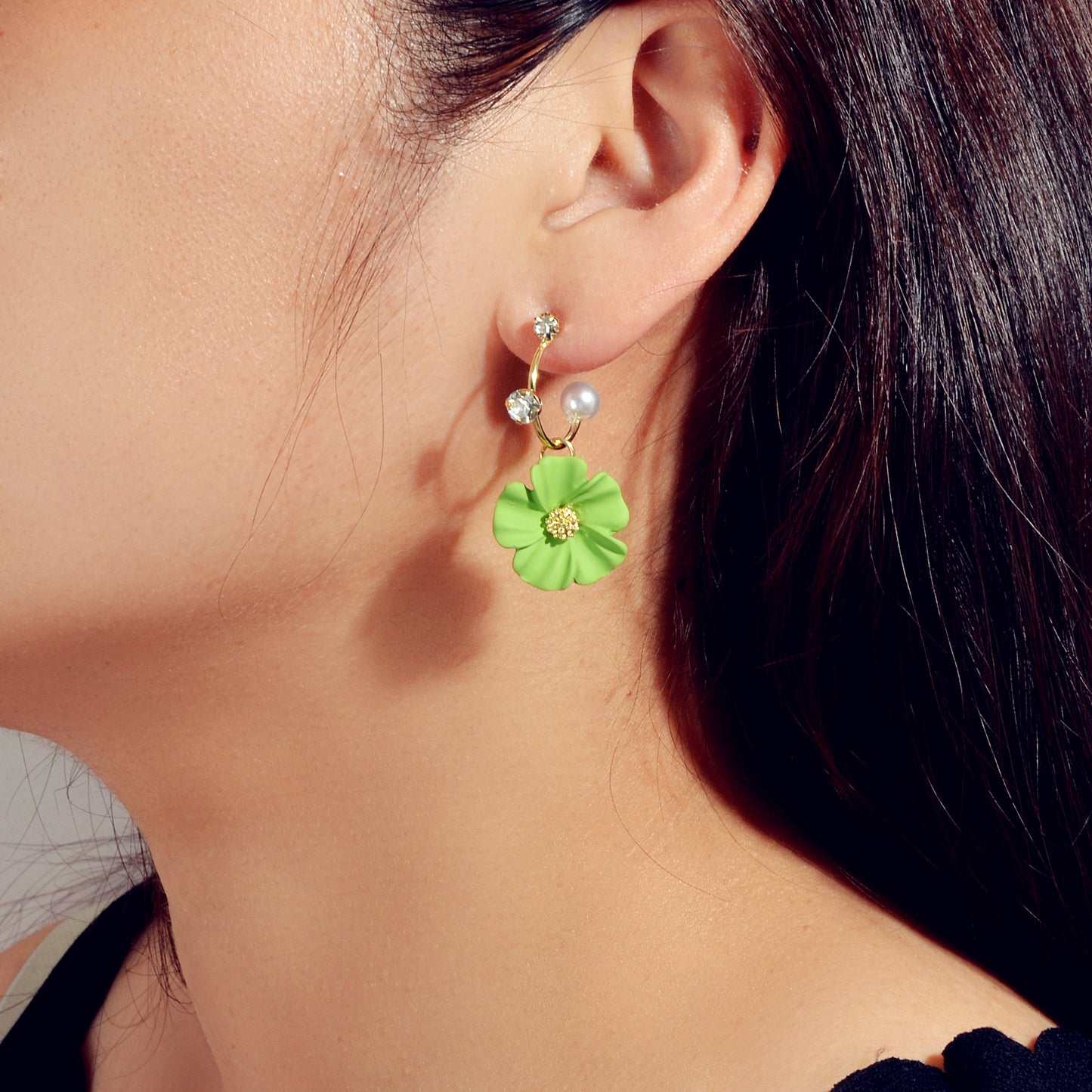 Ladies Jewellery Rhinestone Pearl Yellow Green Flower Asymmetric Dangle Earrings
