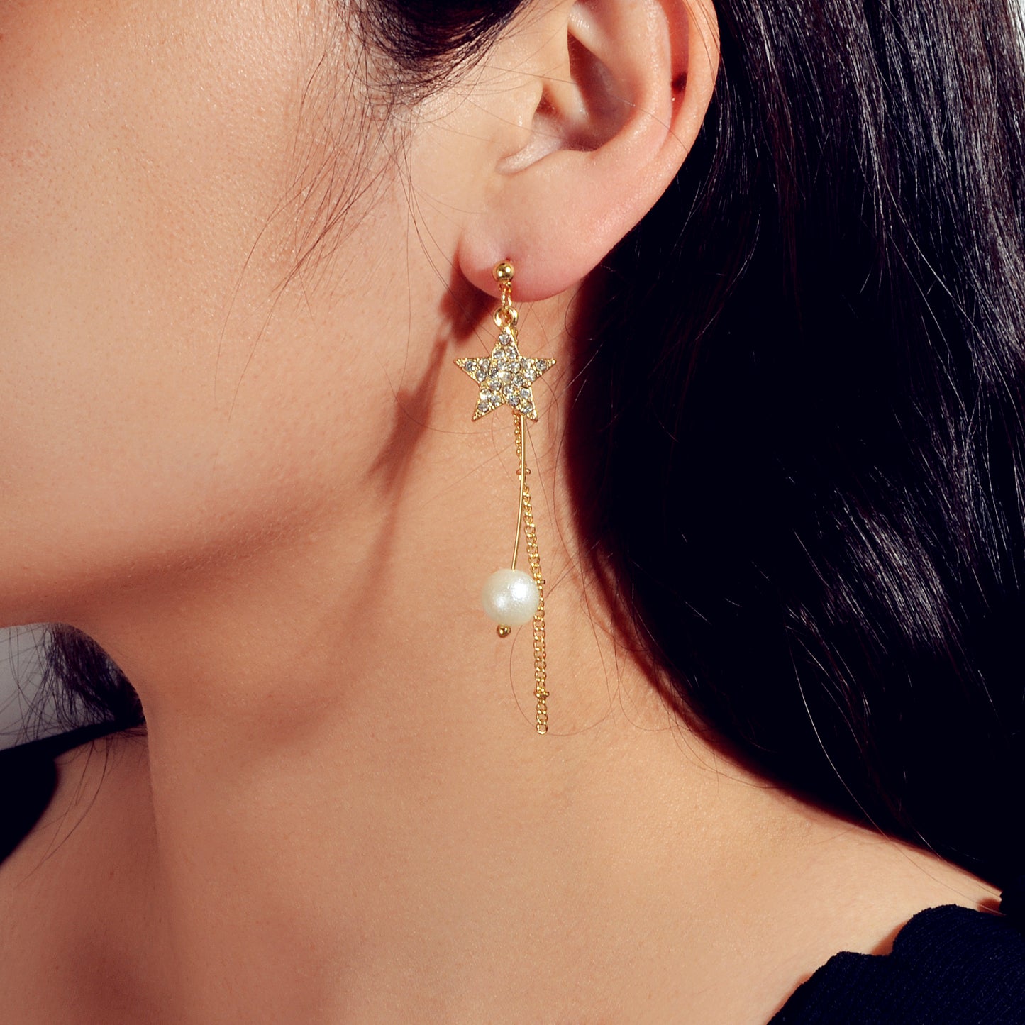 Party Decoration Women Full Rhinestone Star Long Gold Chain Pendant Earrings