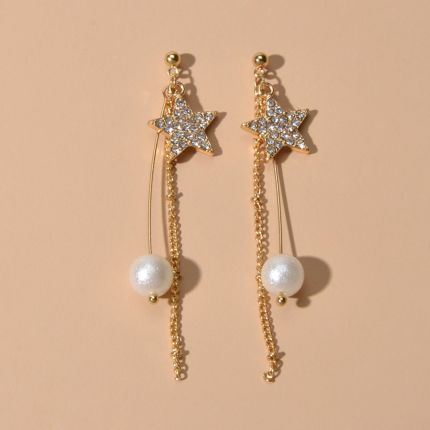 Party Decoration Women Full Rhinestone Star Long Gold Chain Pendant Earrings