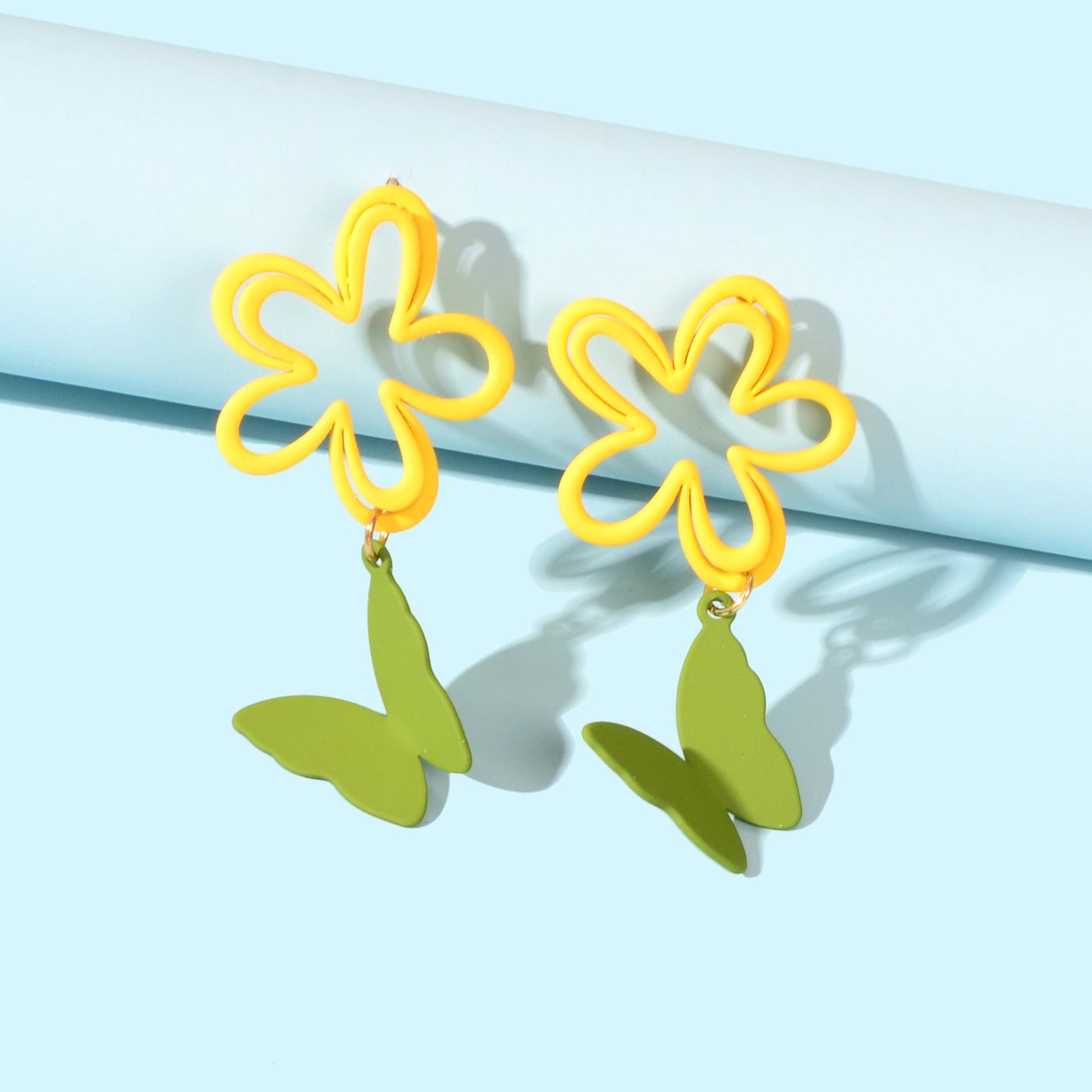 Yellow Flower Green Butterfly Pierced Hypoallergenic Stud Earring Lovely Jewelry