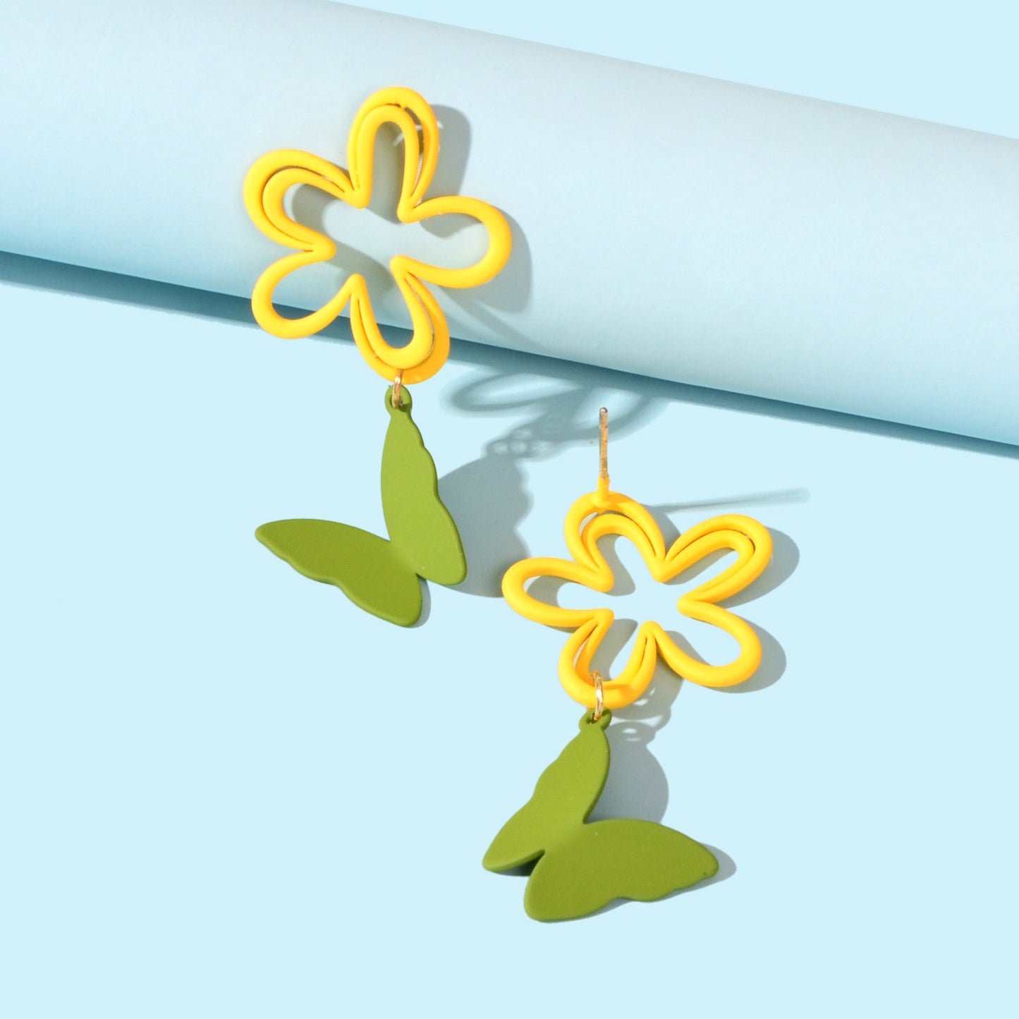 Yellow Flower Green Butterfly Pierced Hypoallergenic Stud Earring Lovely Jewelry