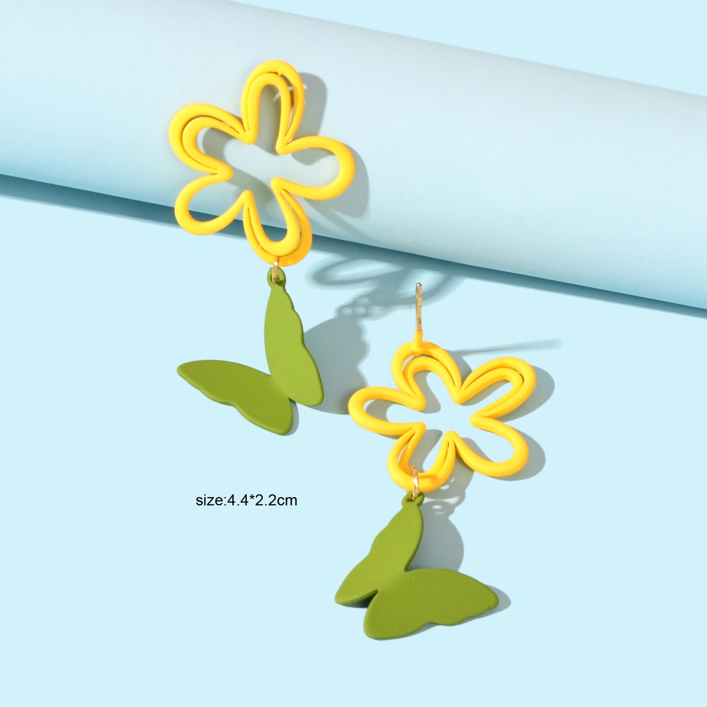 Yellow Flower Green Butterfly Pierced Hypoallergenic Stud Earring Lovely Jewelry
