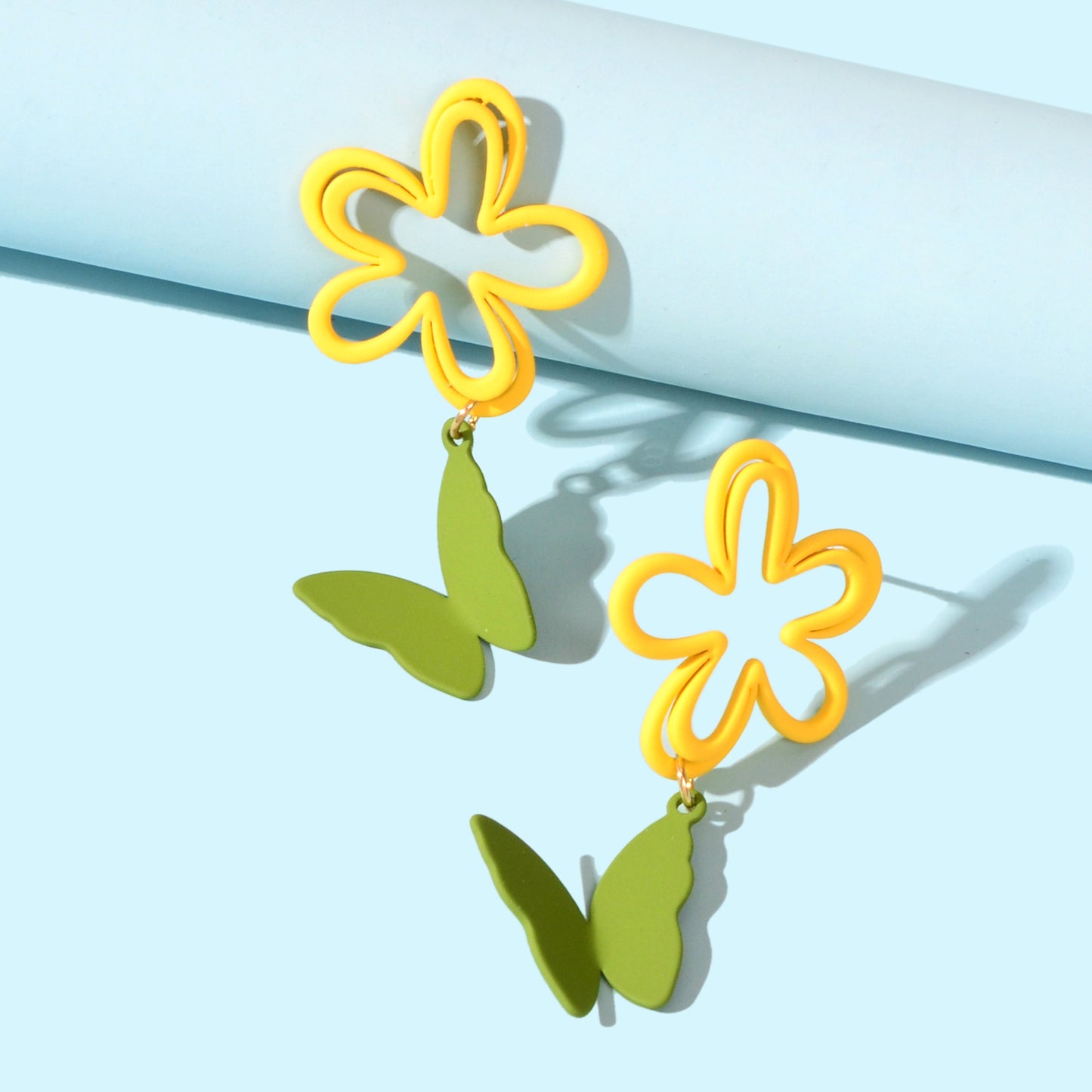 Yellow Flower Green Butterfly Pierced Hypoallergenic Stud Earring Lovely Jewelry