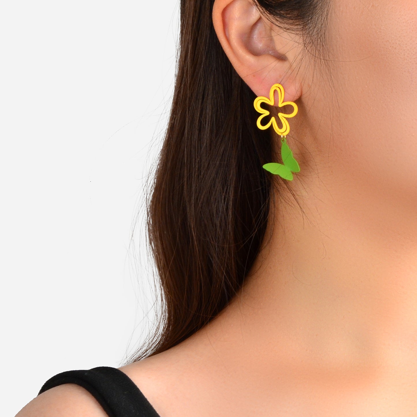 Yellow Flower Green Butterfly Pierced Hypoallergenic Stud Earring Lovely Jewelry