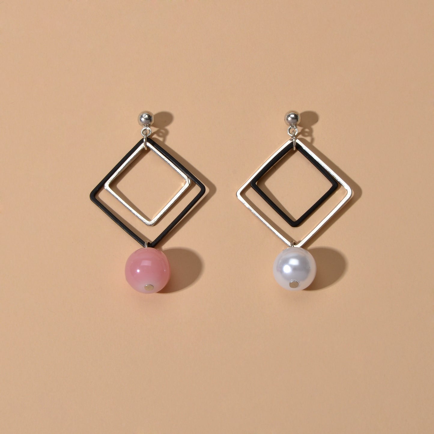 Asymmetric Jewellery Silver Black Square White Pink Beads Dangle Earrings Women