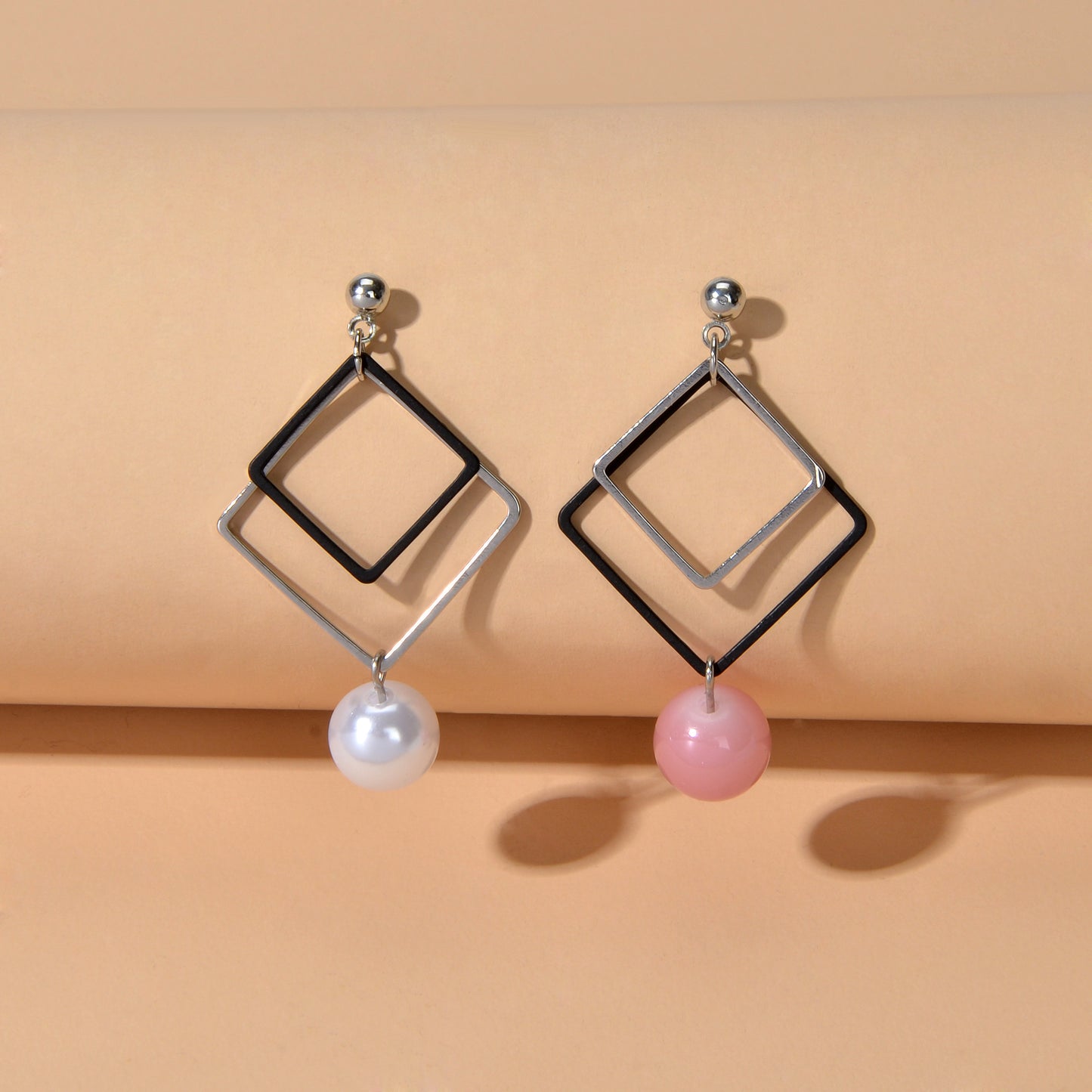 Asymmetric Jewellery Silver Black Square White Pink Beads Dangle Earrings Women