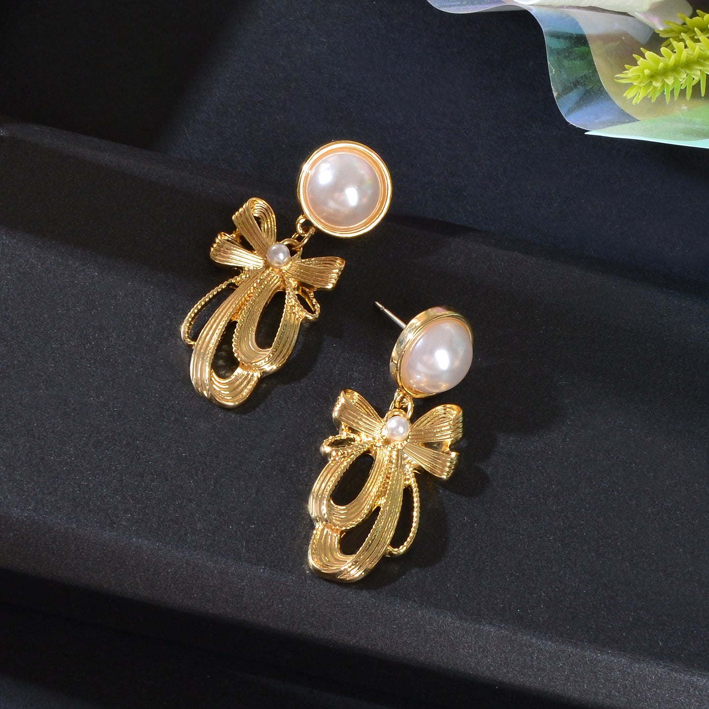 Imitation Pearl Decor Golden Bow Dangle Earrings Party Daily Festival Jewelry Gift
