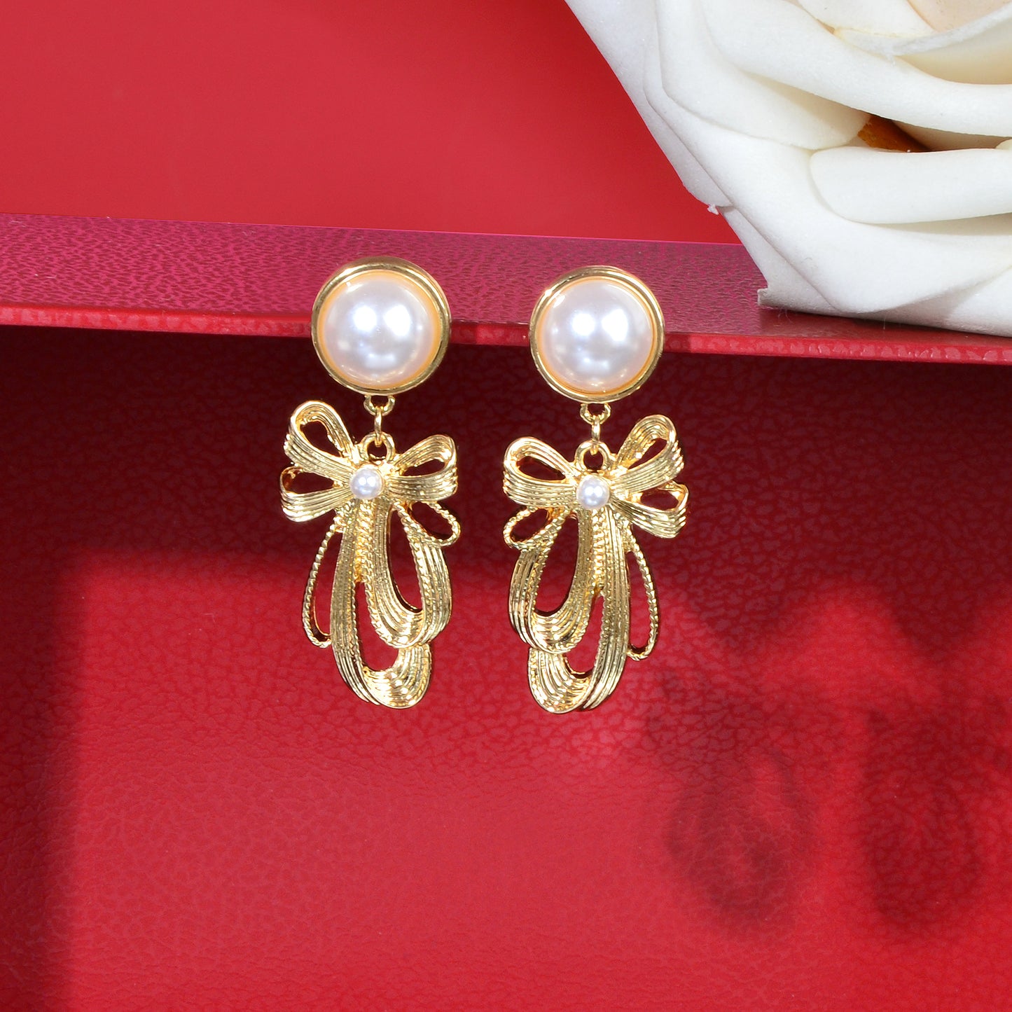Imitation Pearl Decor Golden Bow Dangle Earrings Party Daily Festival Jewelry Gift