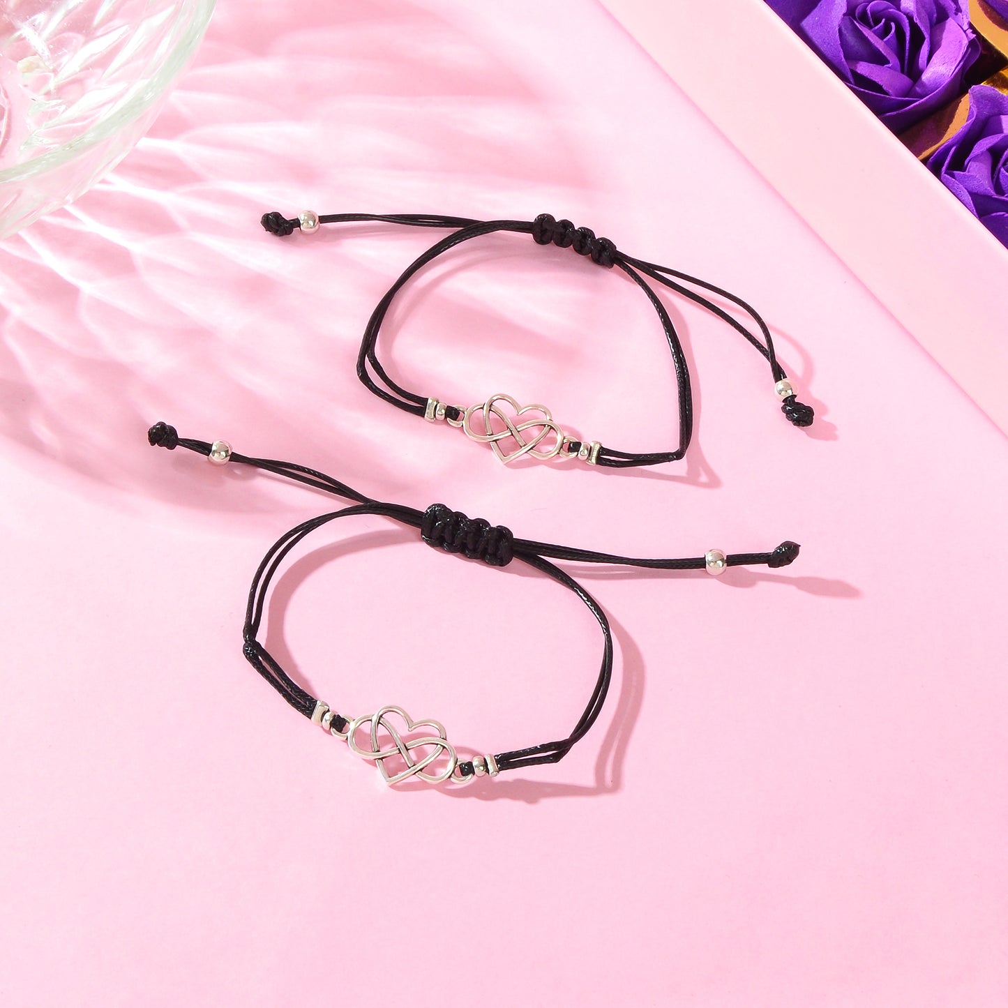 2 pcs Double layer Black Adjustable Rope Heart Charm Friendship Bracelets set
