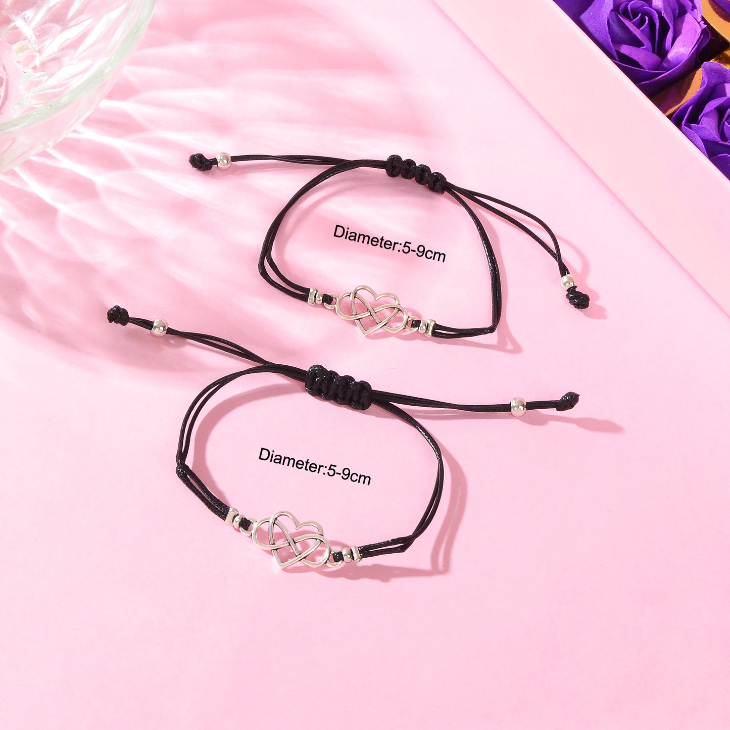 2 pcs Double layer Black Adjustable Rope Heart Charm Friendship Bracelets set
