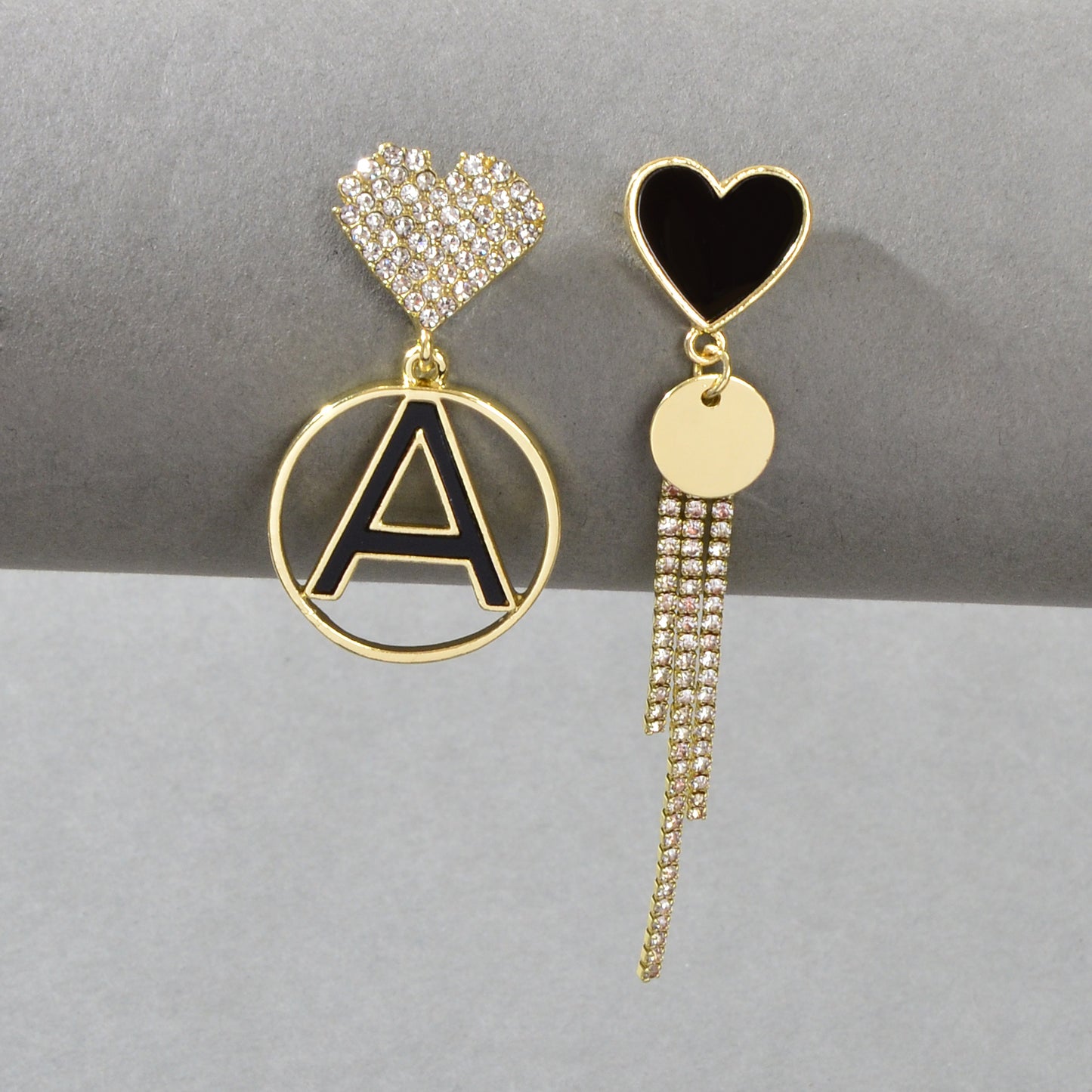 Asymmetrical Design Rhinestone Tassel Heart Circle Letter A Disc Charm Earrings