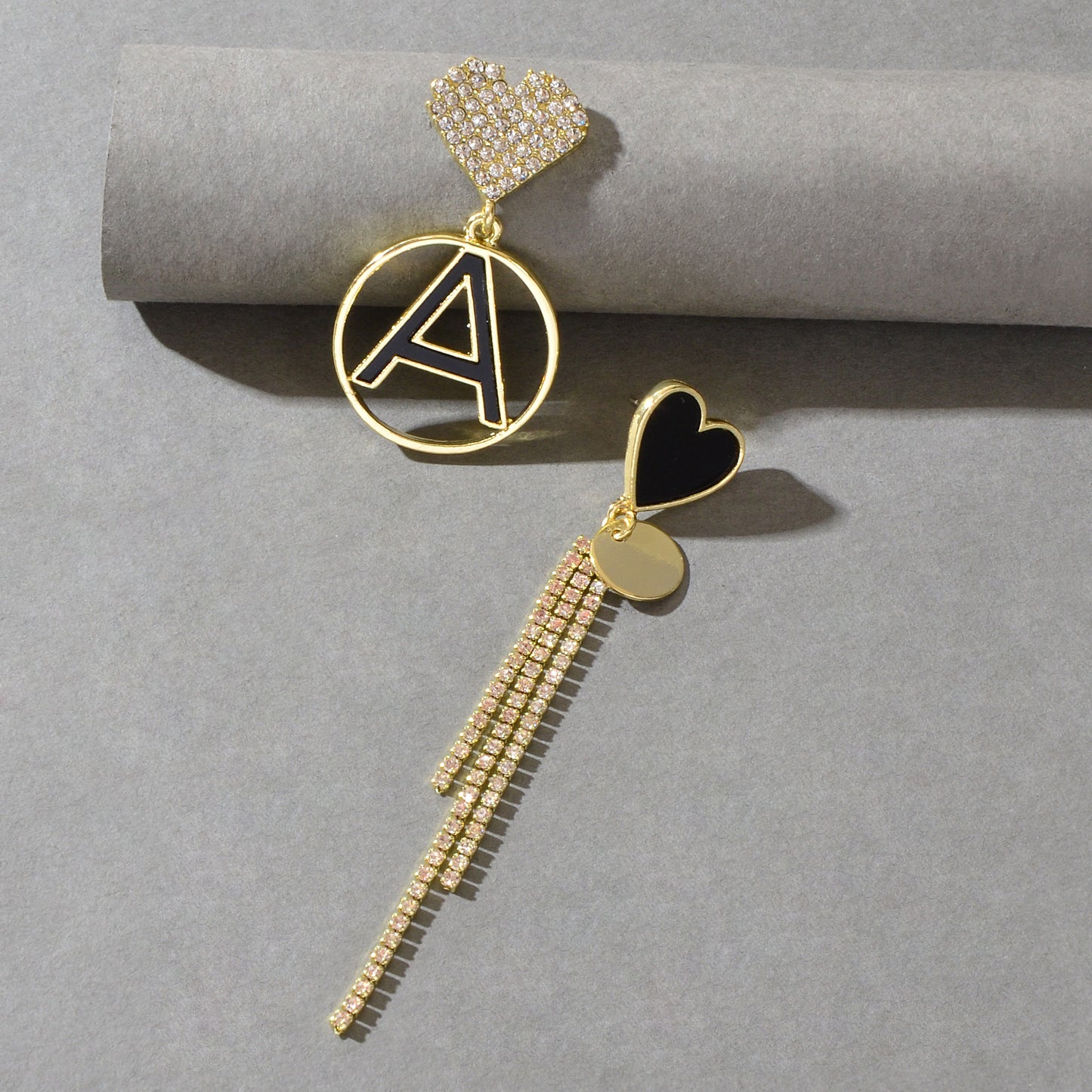 Asymmetrical Design Rhinestone Tassel Heart Circle Letter A Disc Charm Earrings