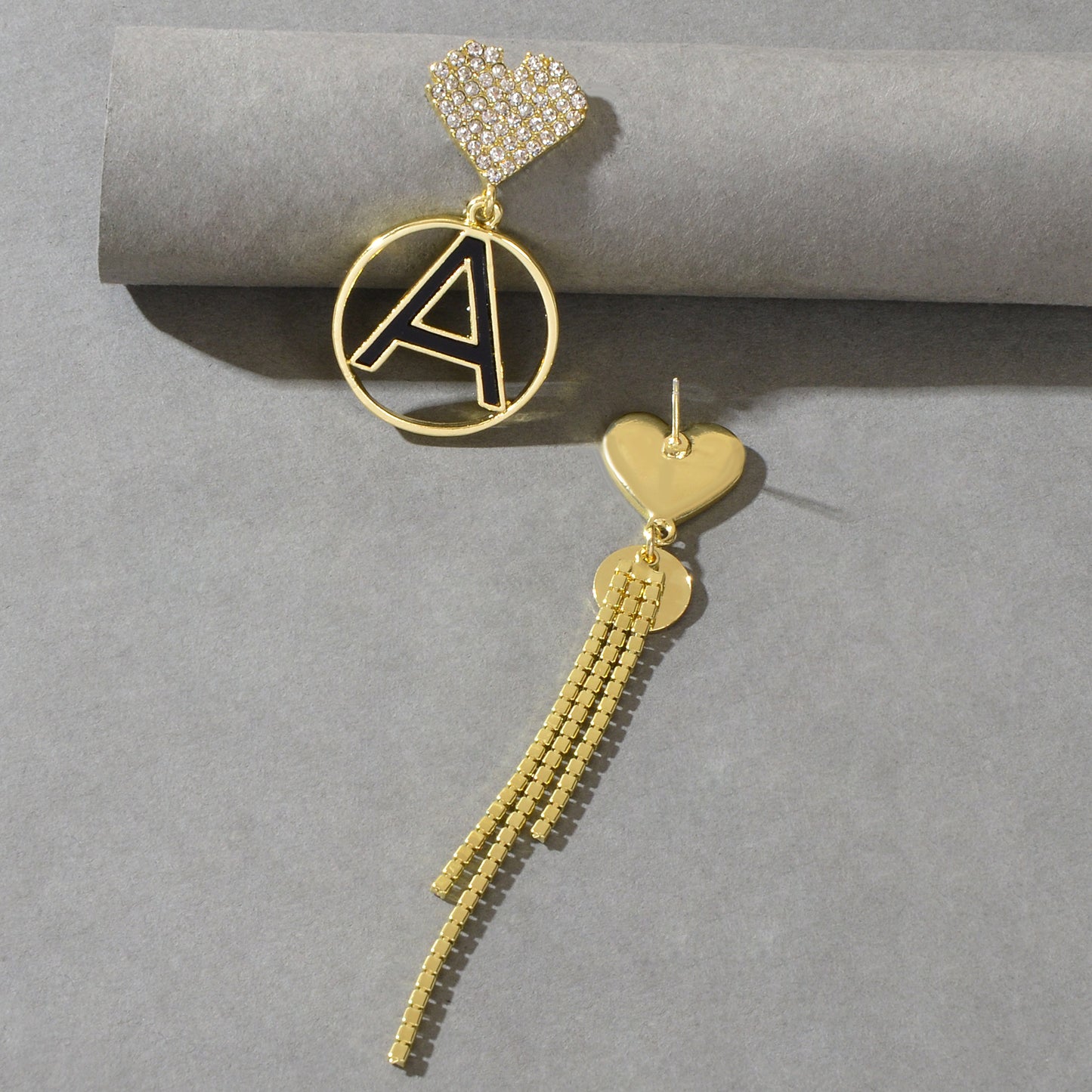 Asymmetrical Design Rhinestone Tassel Heart Circle Letter A Disc Charm Earrings