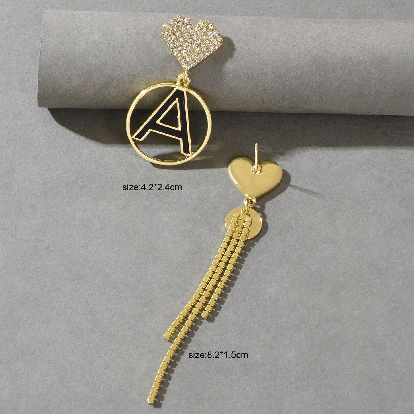 Asymmetrical Design Rhinestone Tassel Heart Circle Letter A Disc Charm Earrings