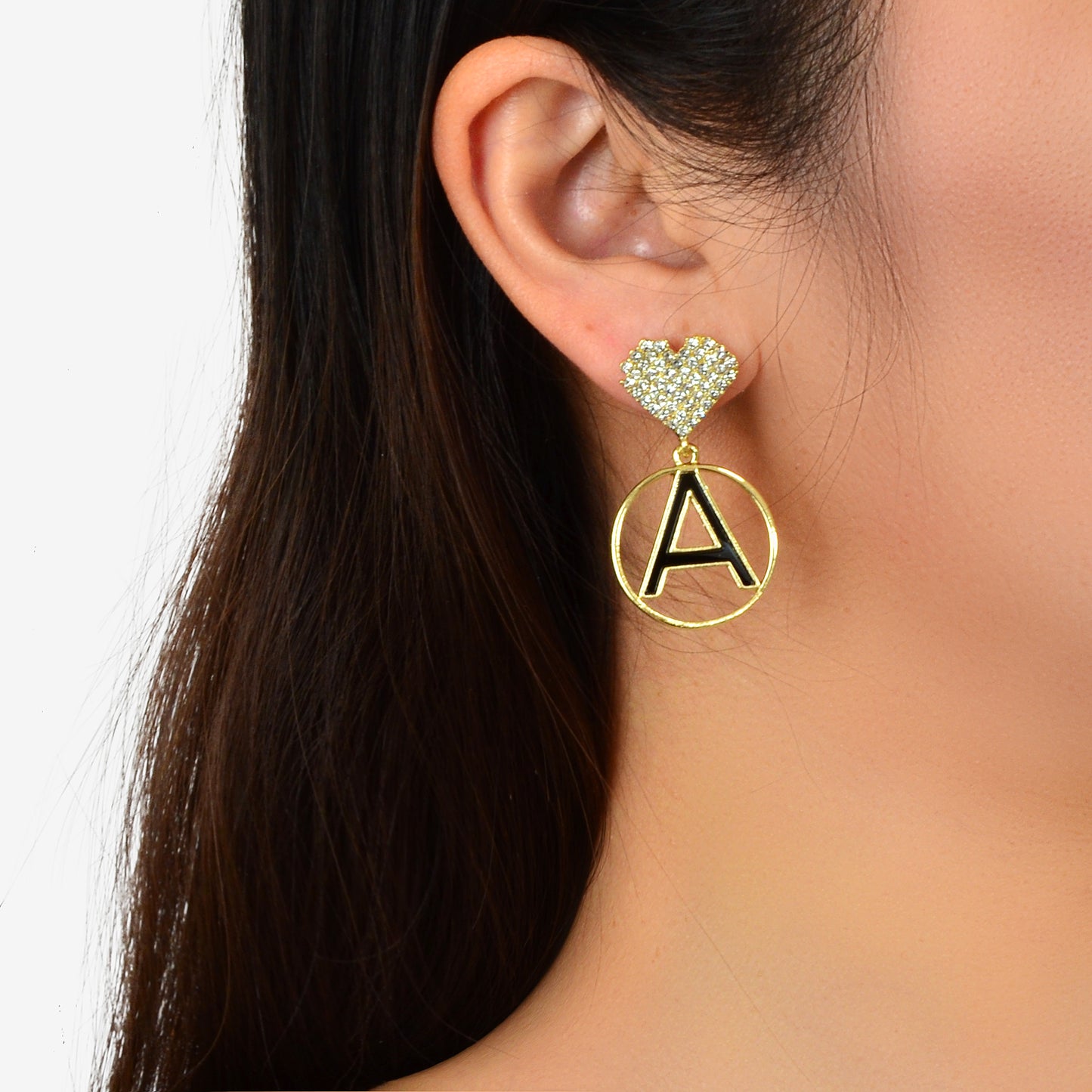 Asymmetrical Design Rhinestone Tassel Heart Circle Letter A Disc Charm Earrings