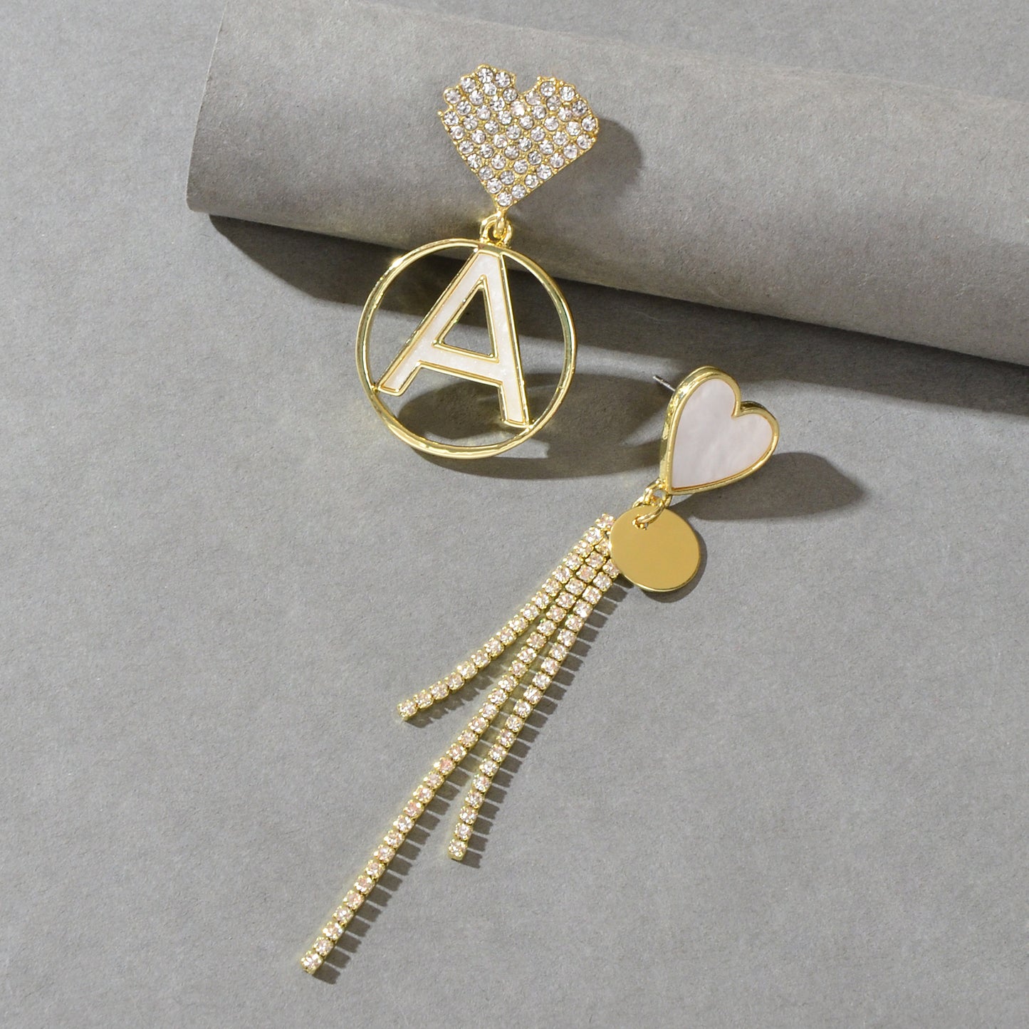 Asymmetrical Design Rhinestone Tassel Heart Circle Letter A Disc Charm Earrings
