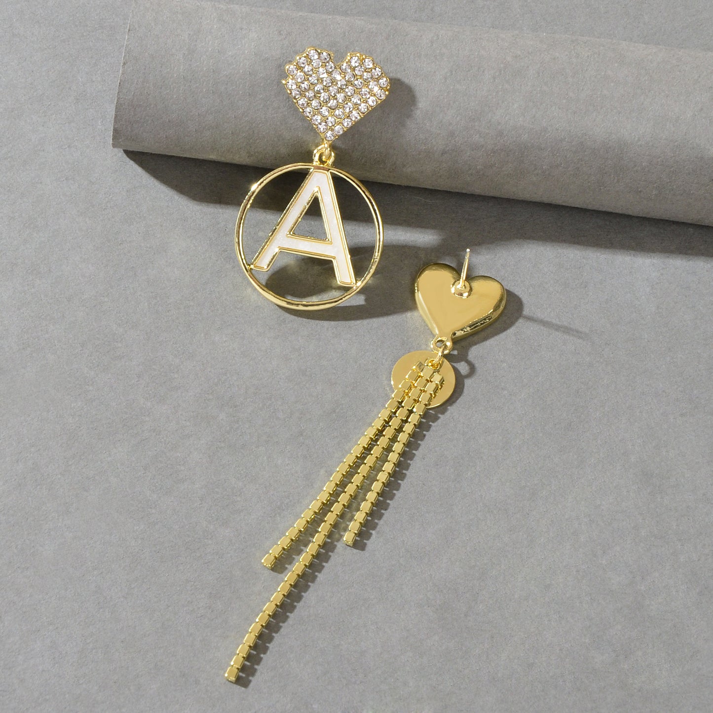Asymmetrical Design Rhinestone Tassel Heart Circle Letter A Disc Charm Earrings