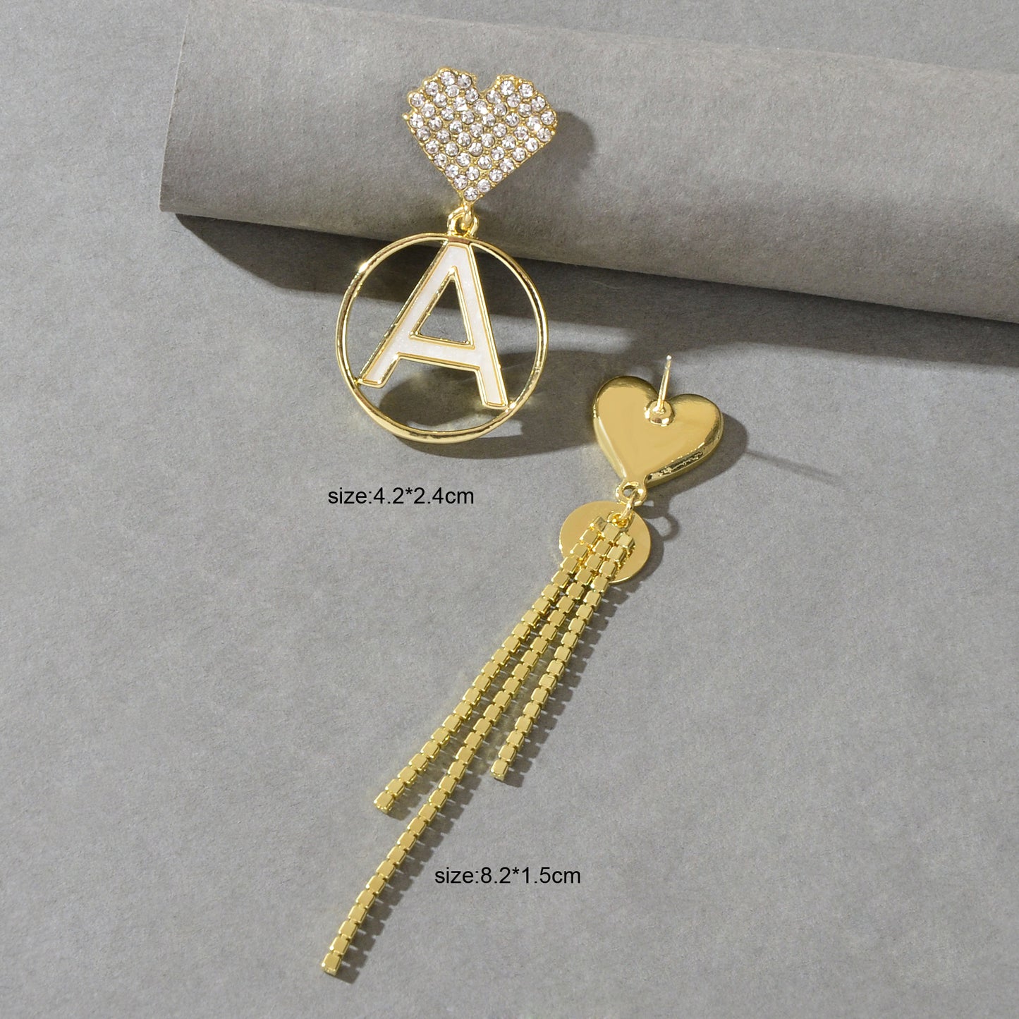 Asymmetrical Design Rhinestone Tassel Heart Circle Letter A Disc Charm Earrings