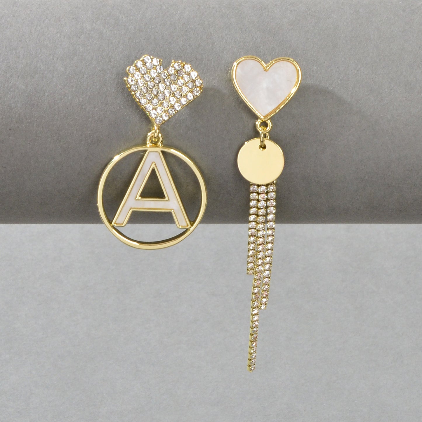 Asymmetrical Design Rhinestone Tassel Heart Circle Letter A Disc Charm Earrings