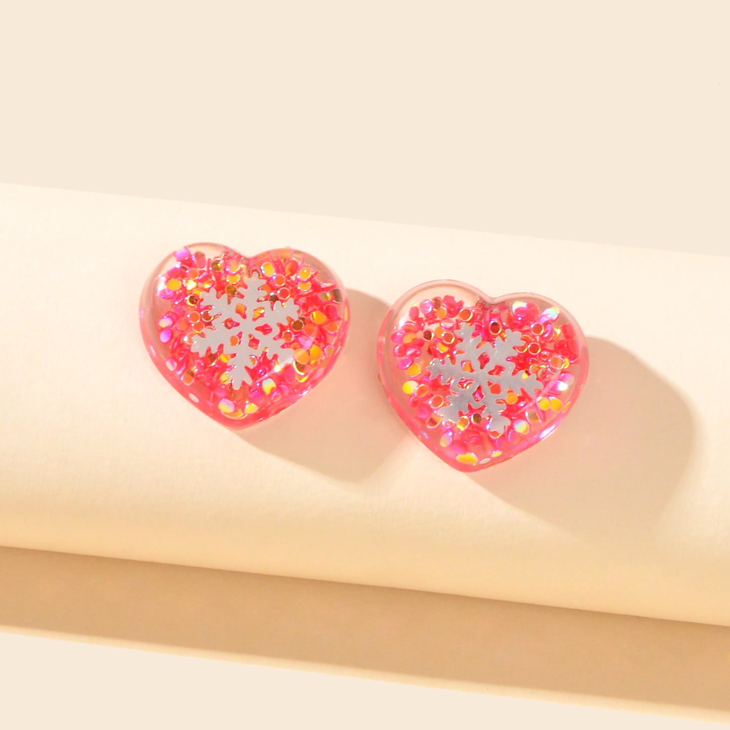 Women Dainty Gift Pink Love Sequins Resin Snowflake Stud Hypoallergenic Earrings