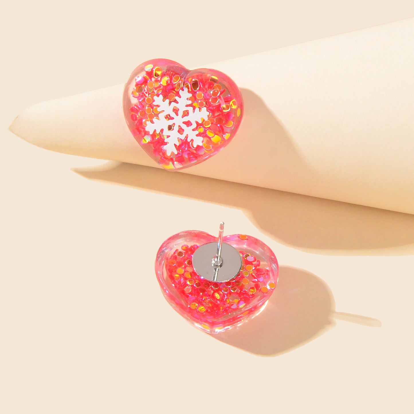 Women Dainty Gift Pink Love Sequins Resin Snowflake Stud Hypoallergenic Earrings