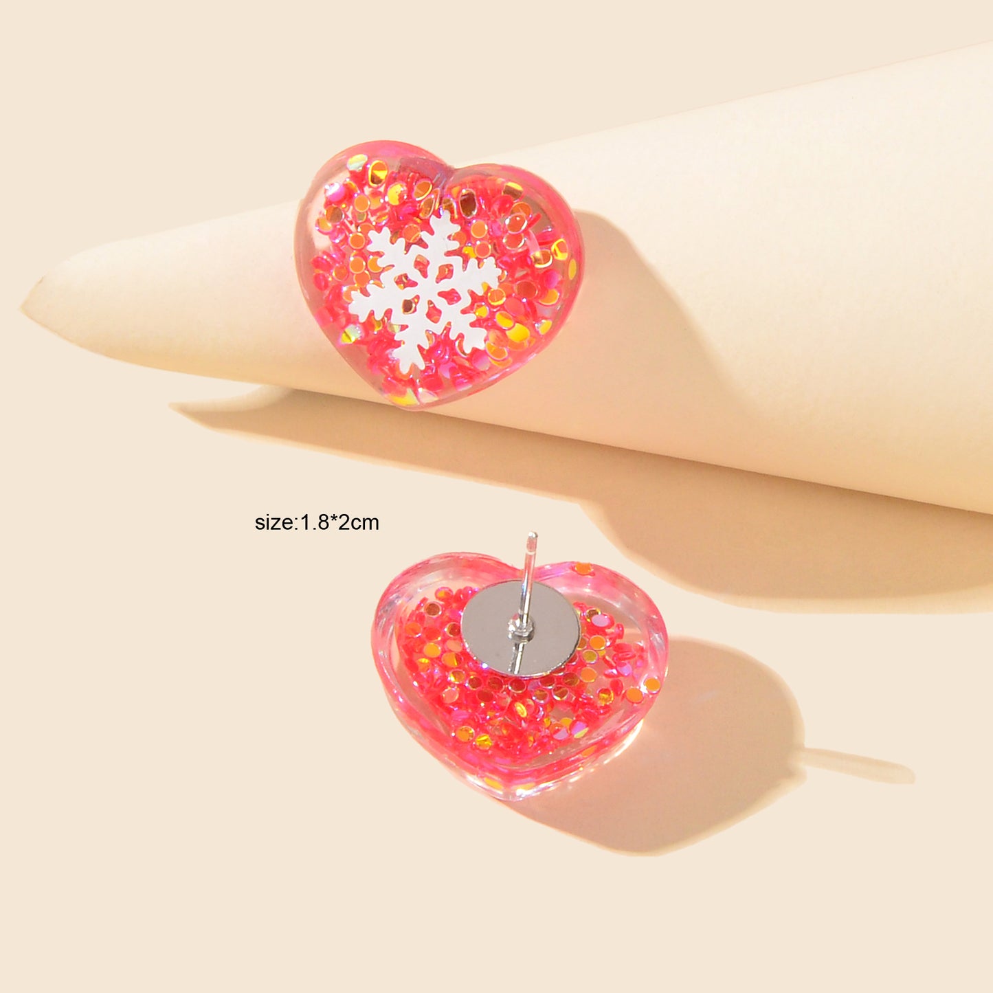 Women Dainty Gift Pink Love Sequins Resin Snowflake Stud Hypoallergenic Earrings