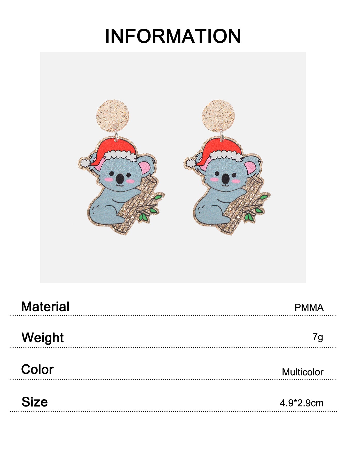 Christmas Santa Hat Koala Dangle Earring Cute Xmas Holiday Party Costume Jewelry