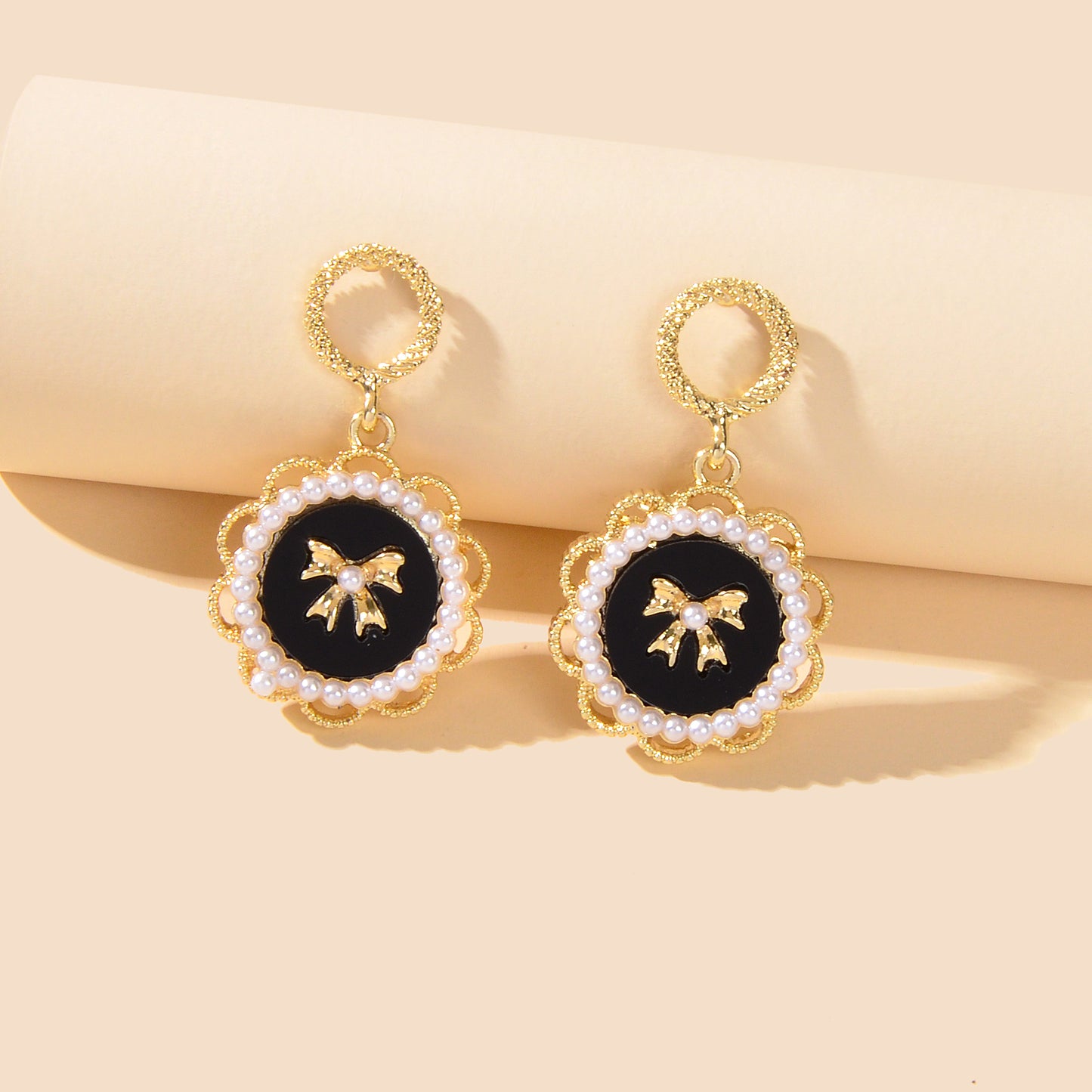 Retro Jewellery Pearl Decoration Bow Tie Black Round Gold Flower Dangle Earrings