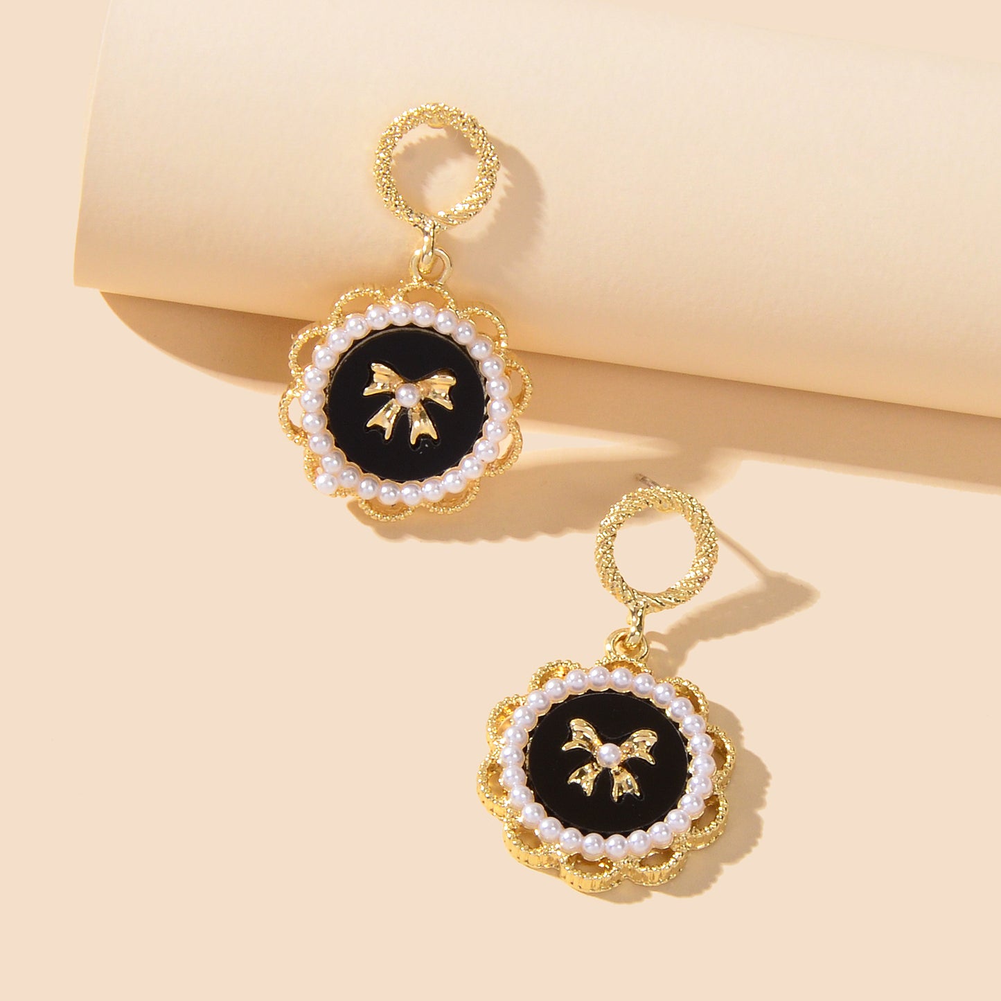 Retro Jewellery Pearl Decoration Bow Tie Black Round Gold Flower Dangle Earrings