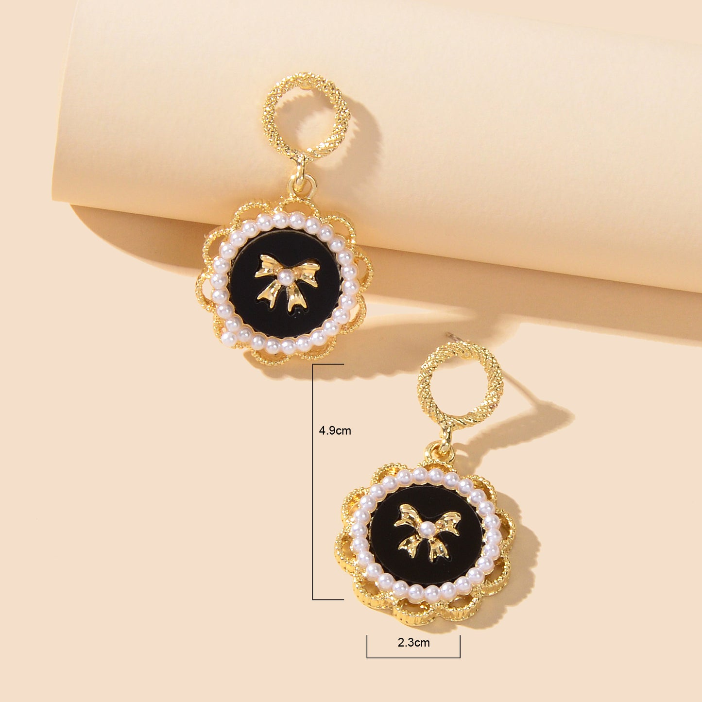 Retro Jewellery Pearl Decoration Bow Tie Black Round Gold Flower Dangle Earrings