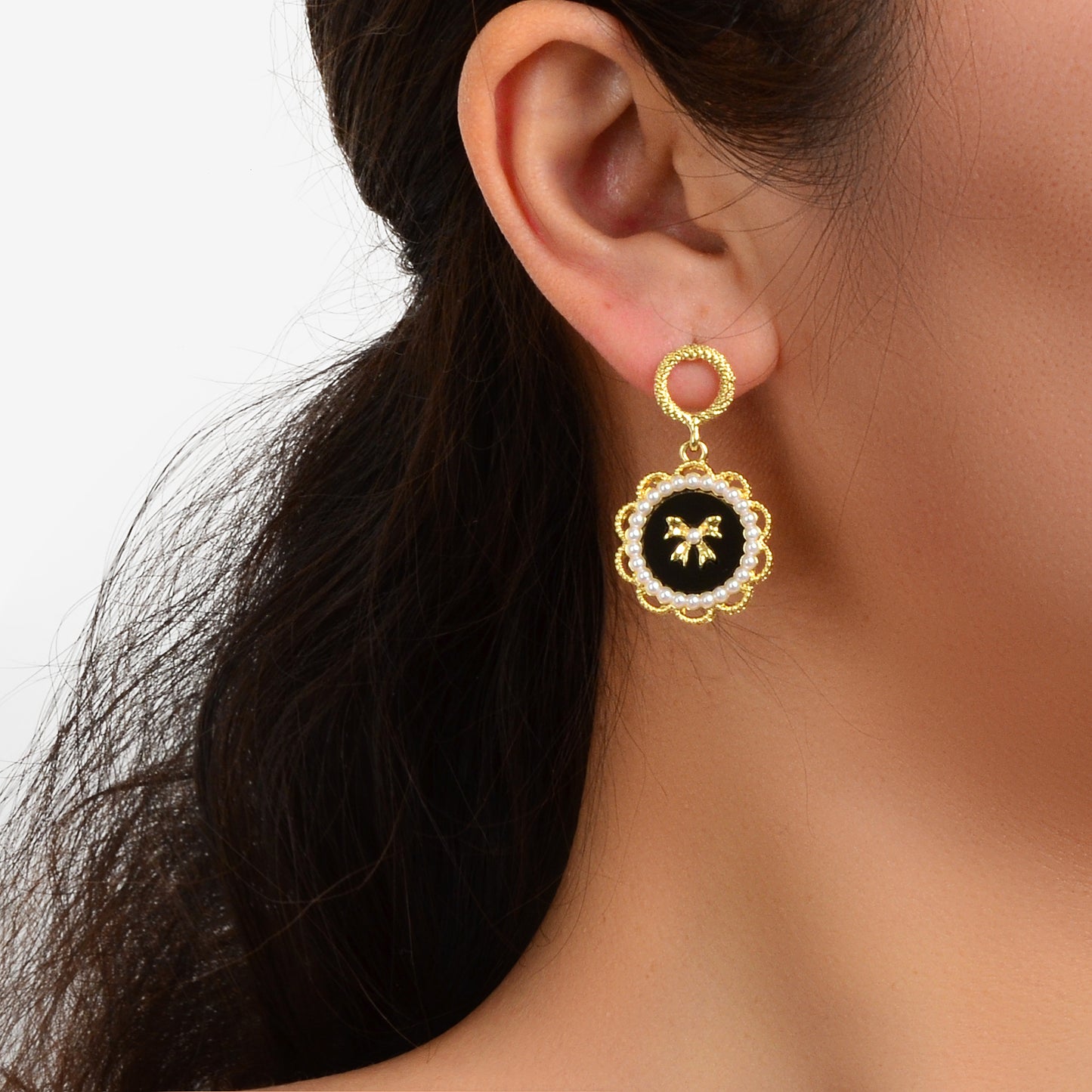 Retro Jewellery Pearl Decoration Bow Tie Black Round Gold Flower Dangle Earrings
