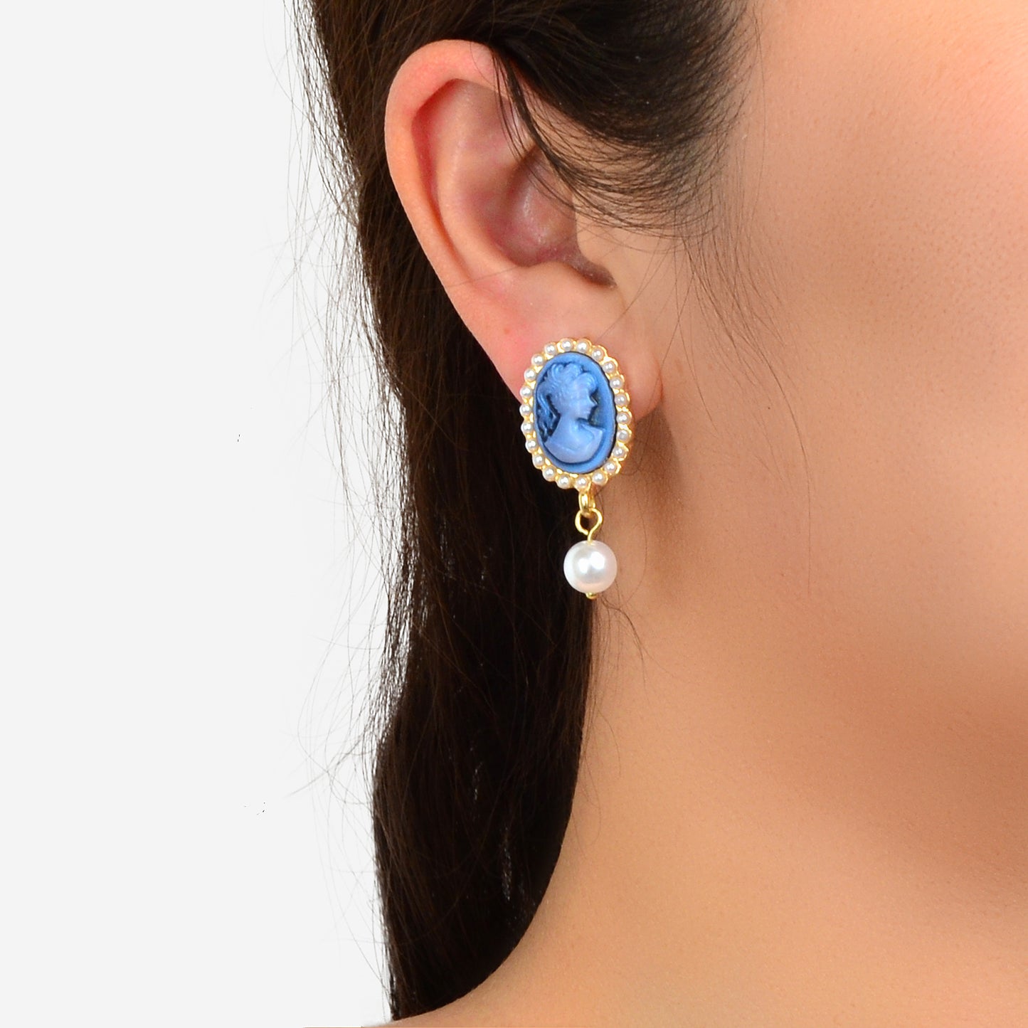 Textured Retro Accessories Court Pearl Blue Resin Relief Queen Dangle Earrings