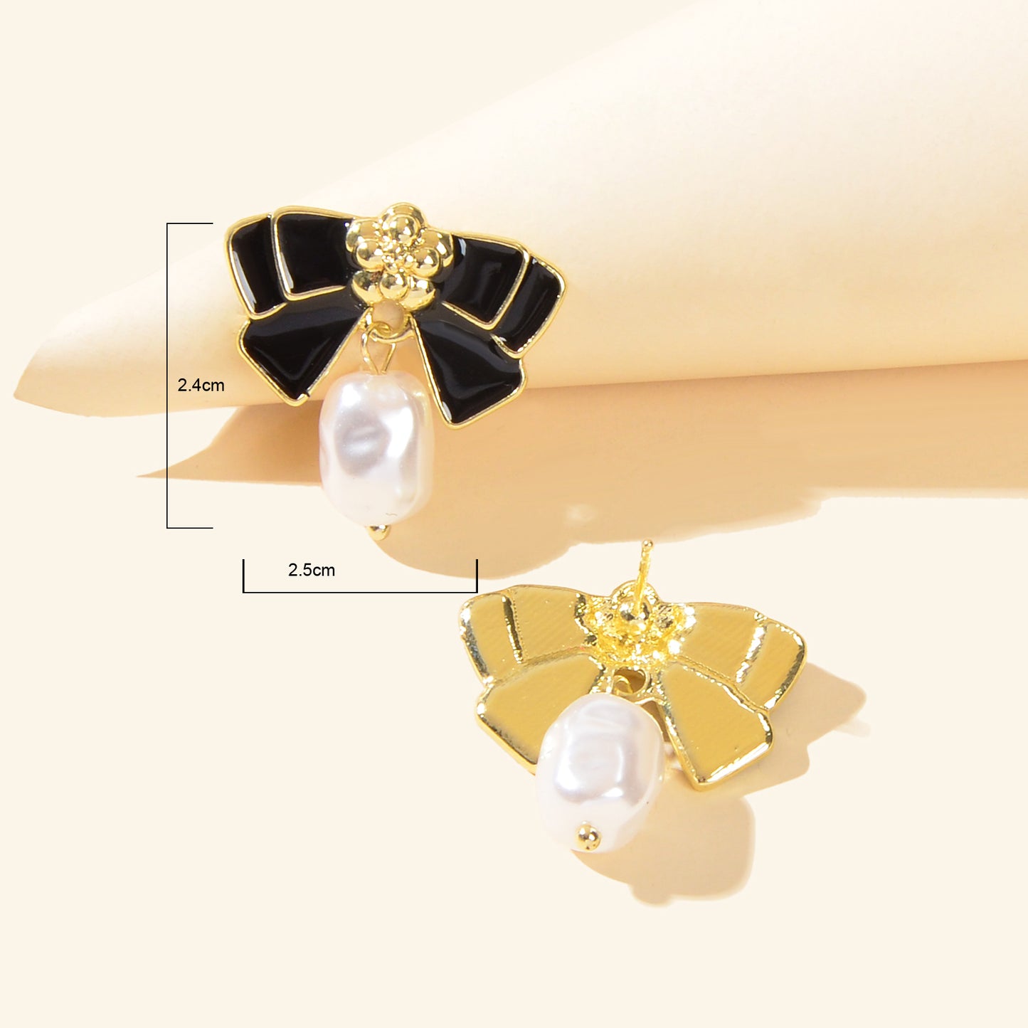Retro Jewellery Pearl Charm White Black Enamel Bow Tie Hypoallergenic Earrings