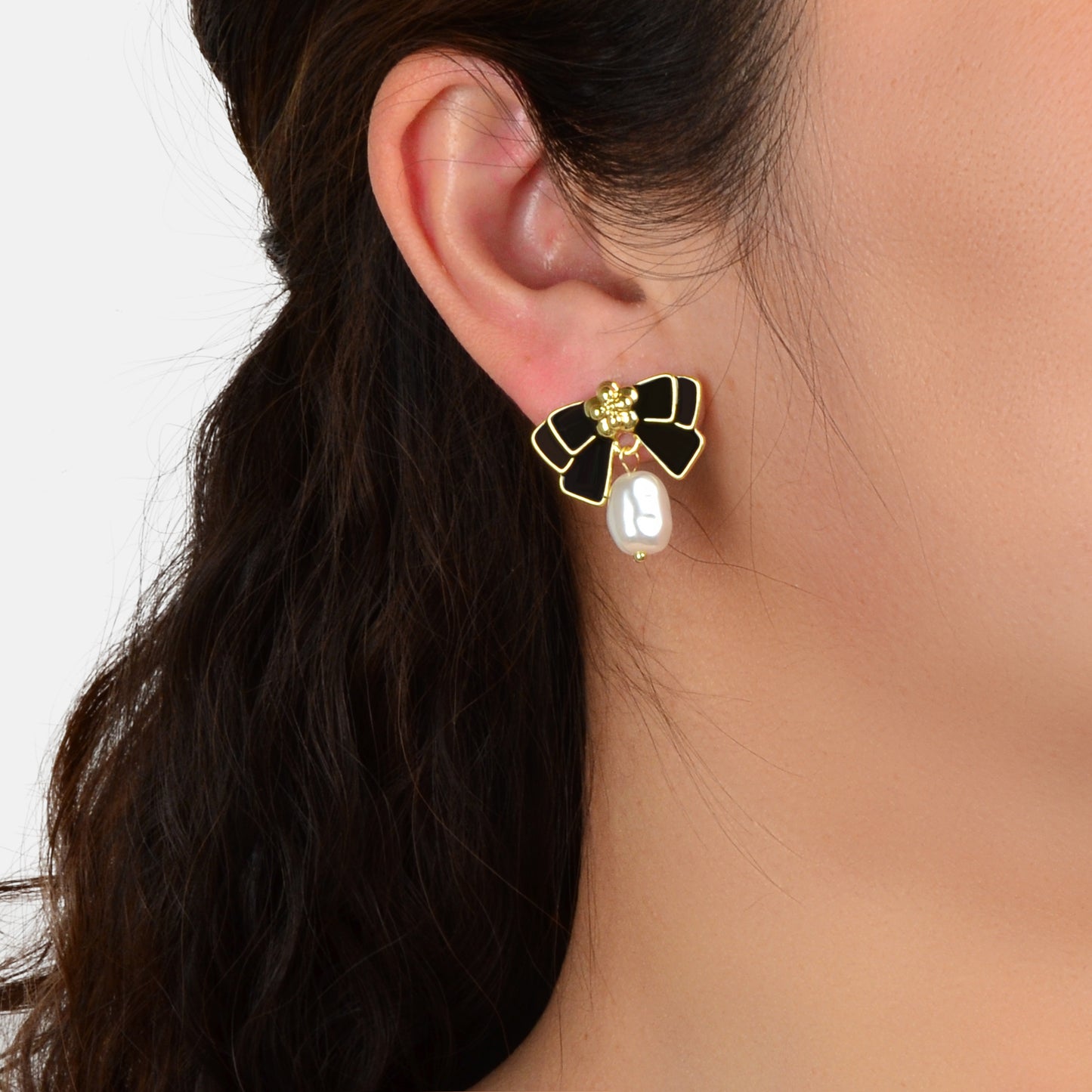 Retro Jewellery Pearl Charm White Black Enamel Bow Tie Hypoallergenic Earrings