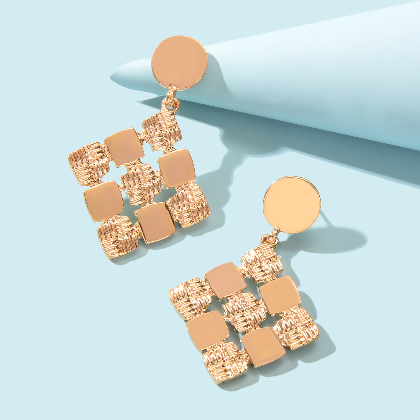 Fashion Ladies Jewelry Gold Plated Square Geometric Charm Pierced Stud Earrings