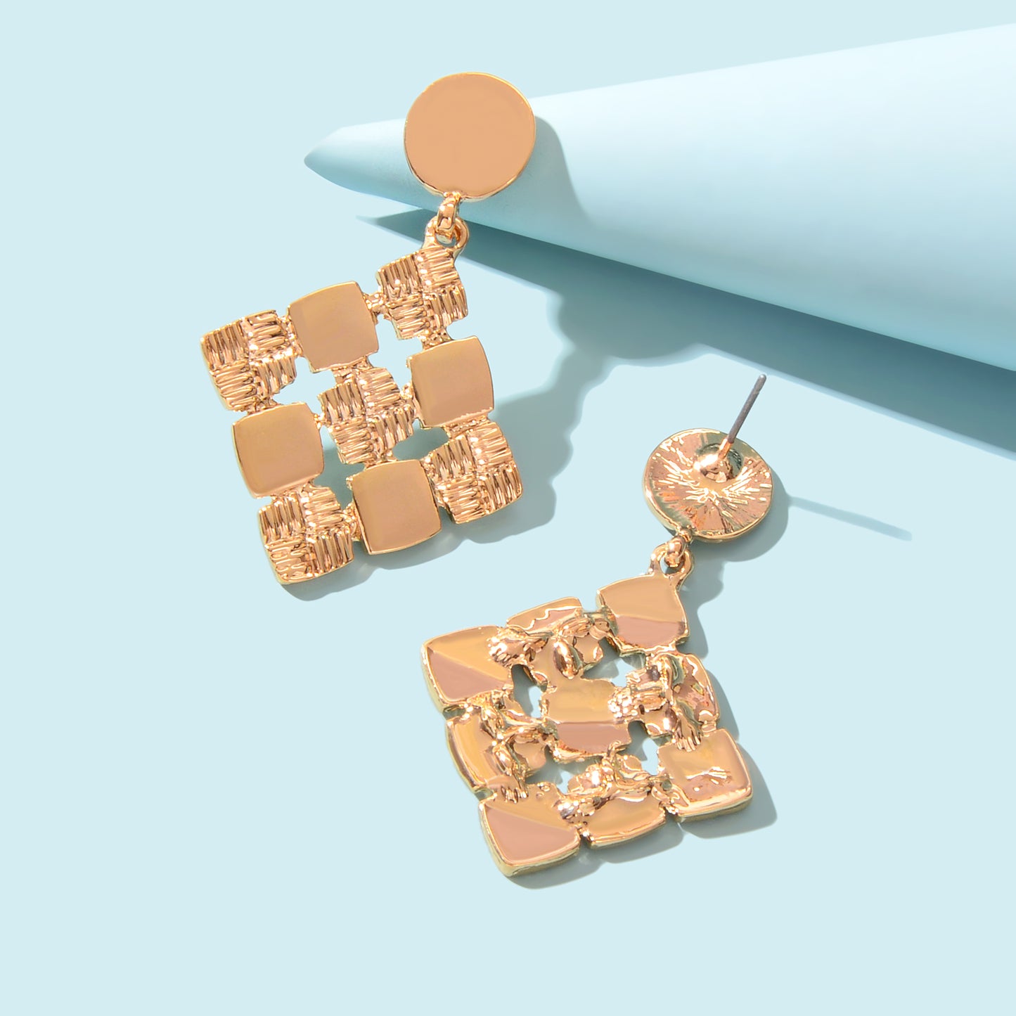 Fashion Ladies Jewelry Gold Plated Square Geometric Charm Pierced Stud Earrings